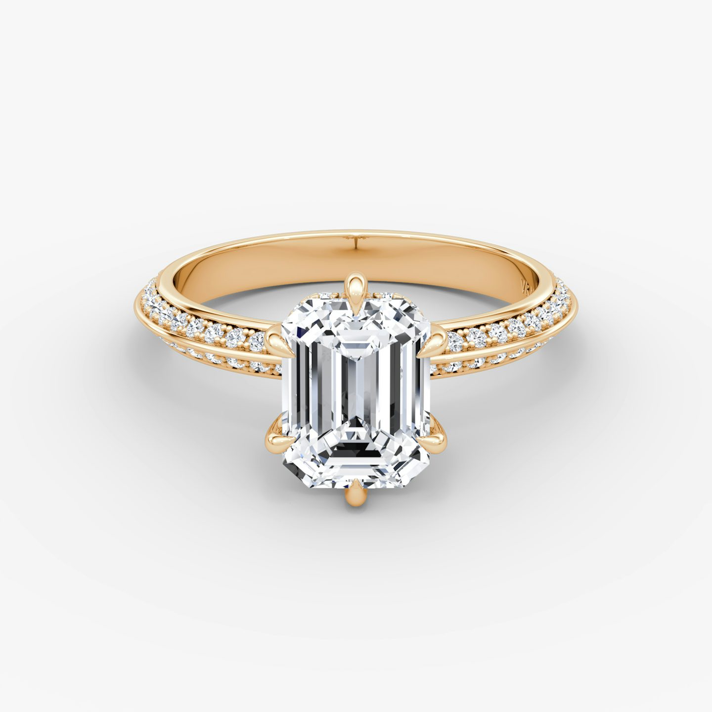 Anillo de compromiso Knife-Edge | Esmeralda | 14k | Oro rosa | bandAccent: Pavé | hiddenHalo: yes | diamondOrientation: vertical | caratWeight: other