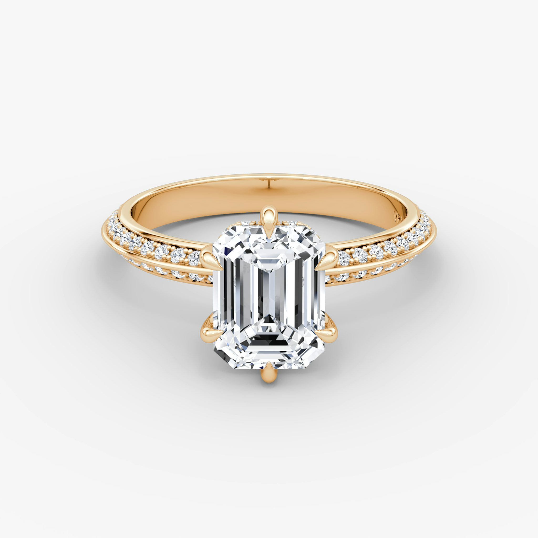 The Knife-Edge | Emerald | 14k | Rose Gold | bandAccent: Pavé | hiddenHalo: yes | diamondOrientation: vertical | caratWeight: other