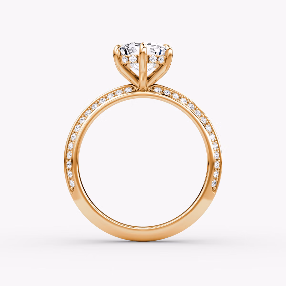 The Knife-Edge | Emerald | 14k | Rose Gold | bandAccent: Pavé | hiddenHalo: yes | diamondOrientation: vertical | caratWeight: other