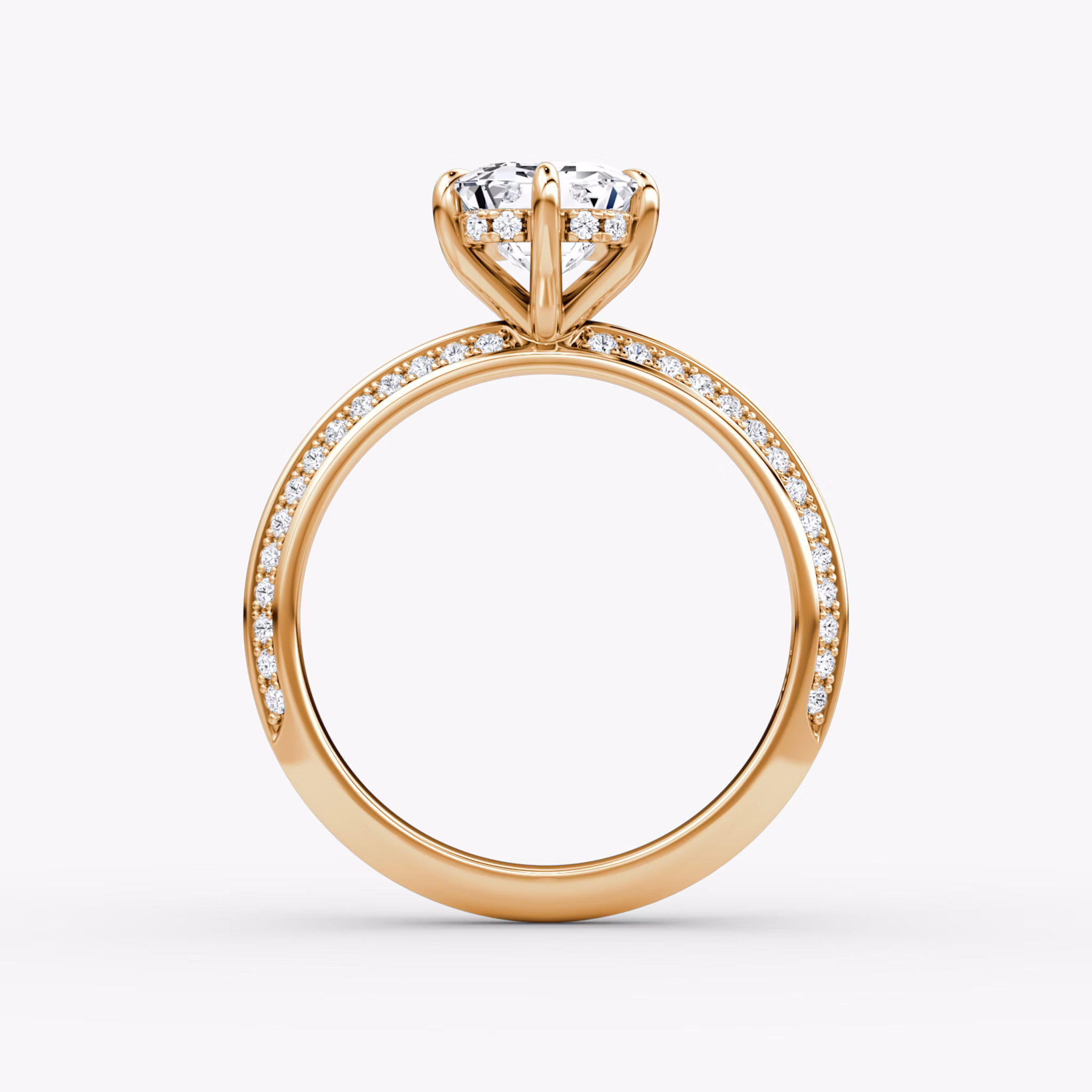 The Knife-Edge | Emerald | 14k | Rose Gold | bandAccent: Pavé | hiddenHalo: yes | diamondOrientation: vertical | caratWeight: other