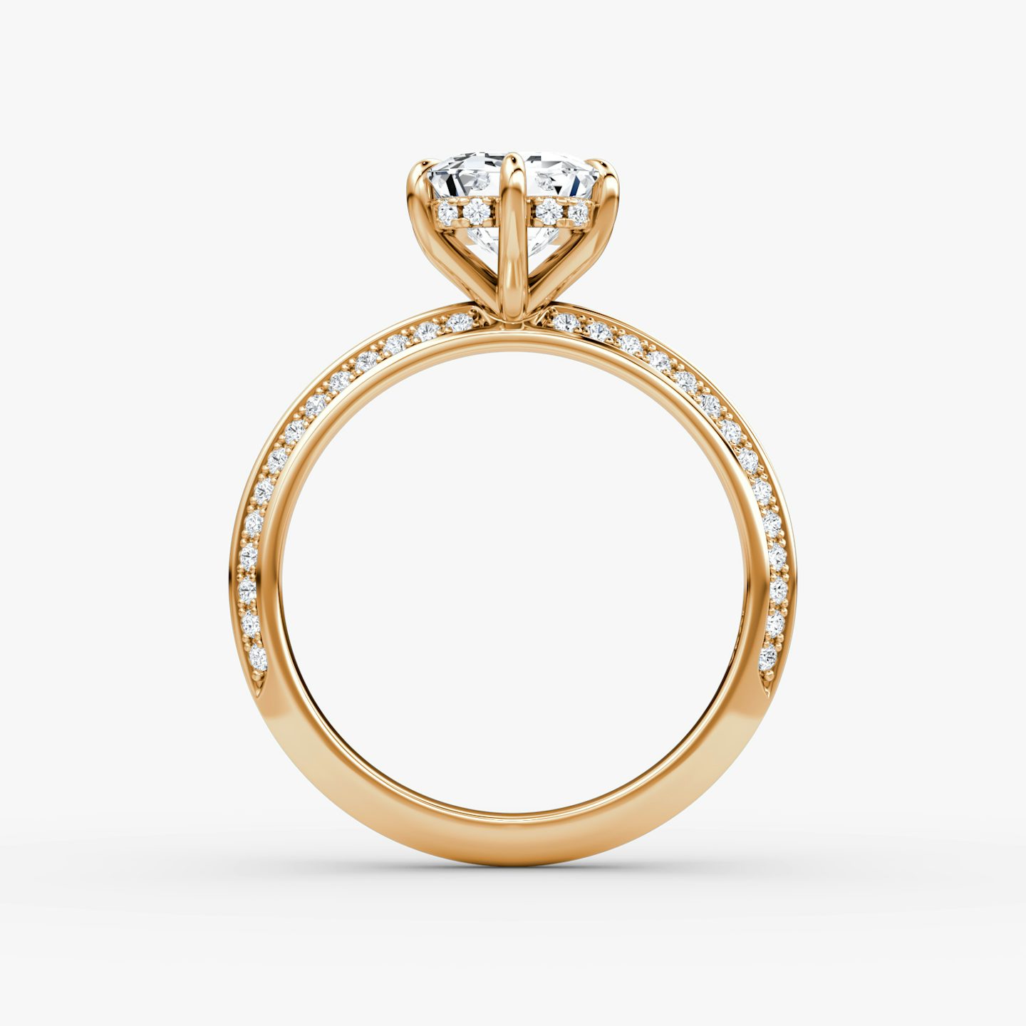 Anillo de compromiso Knife-Edge | Esmeralda | 14k | Oro rosa | bandAccent: Pavé | hiddenHalo: yes | diamondOrientation: vertical | caratWeight: other