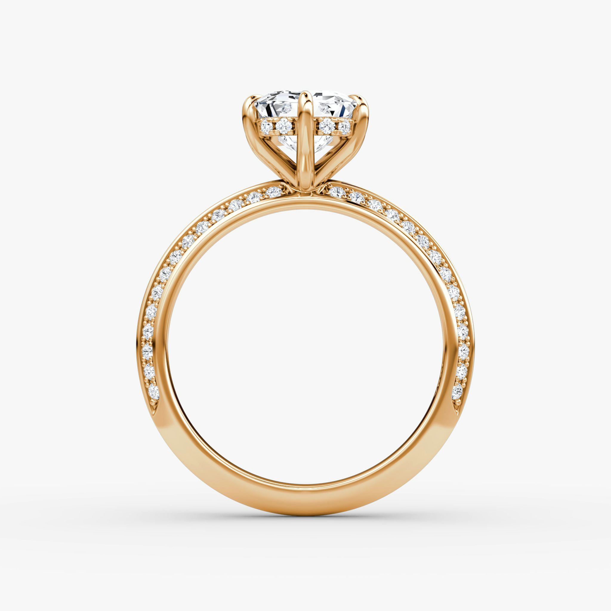 The Knife-Edge | Emerald | 14k | Rose Gold | bandAccent: Pavé | hiddenHalo: yes | diamondOrientation: vertical | caratWeight: other