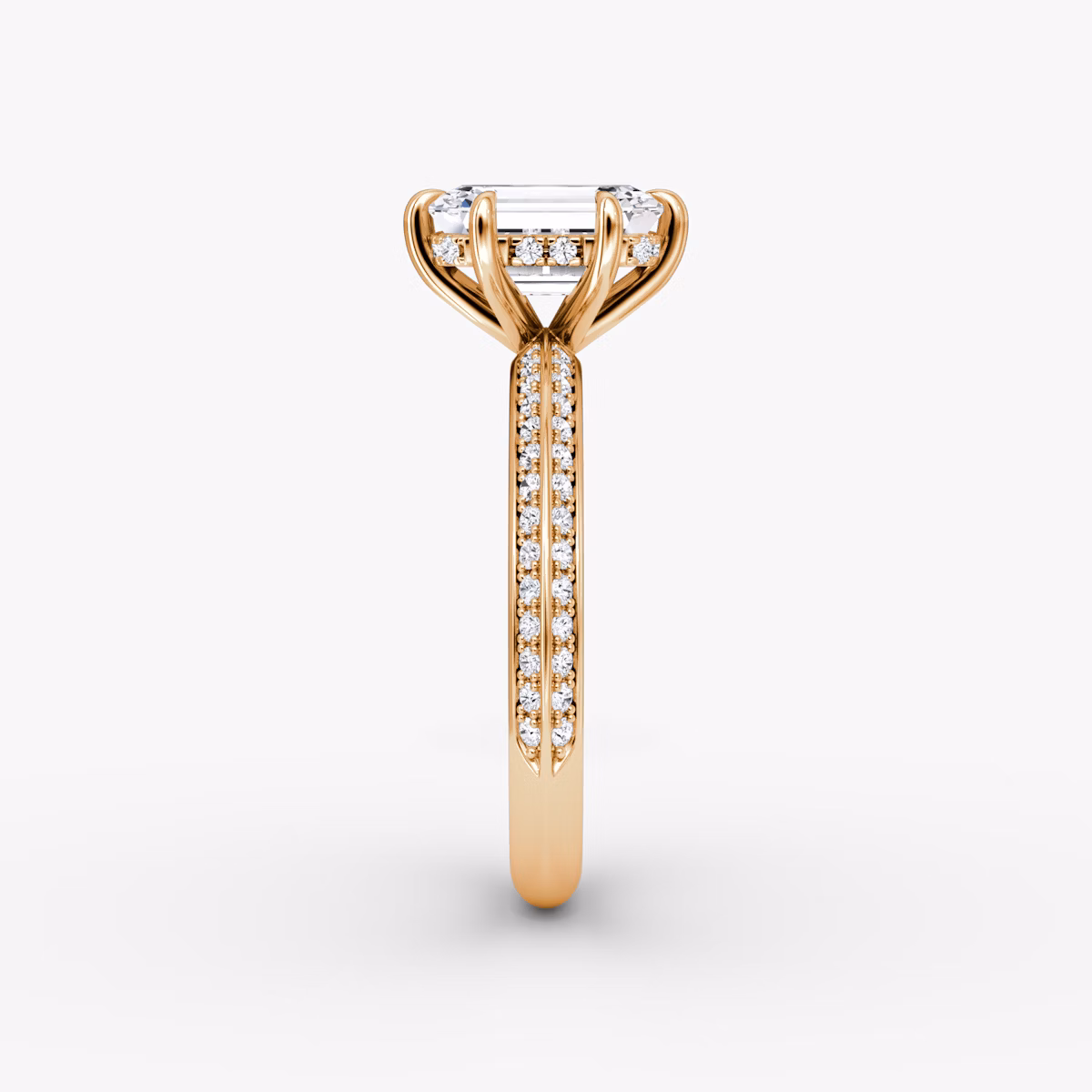 The Knife-Edge | Emerald | 14k | Rose Gold | bandAccent: Pavé | hiddenHalo: yes | diamondOrientation: vertical | caratWeight: other