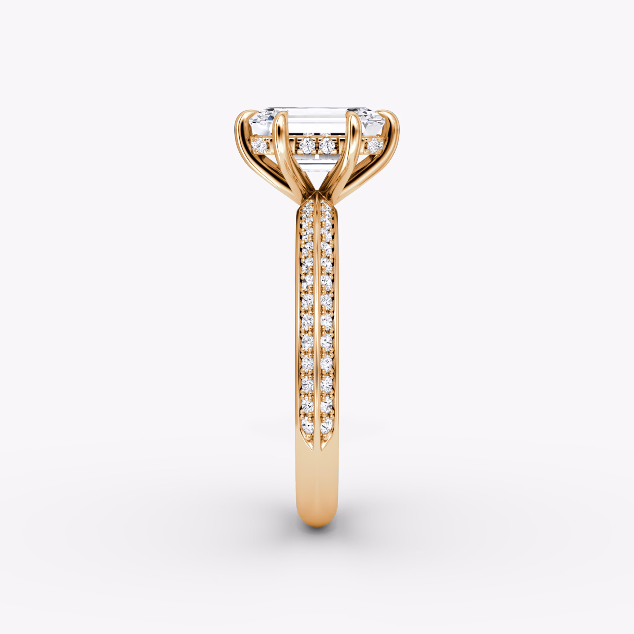 The Knife-Edge | Emerald | 14k | Rose Gold | bandAccent: Pavé | hiddenHalo: yes | diamondOrientation: vertical | caratWeight: other