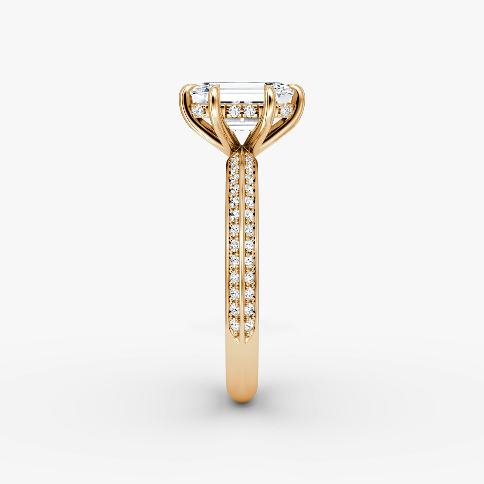 The Knife-Edge | Emerald | 14k | Rose Gold | bandAccent: Pavé | hiddenHalo: yes | diamondOrientation: vertical | caratWeight: other
