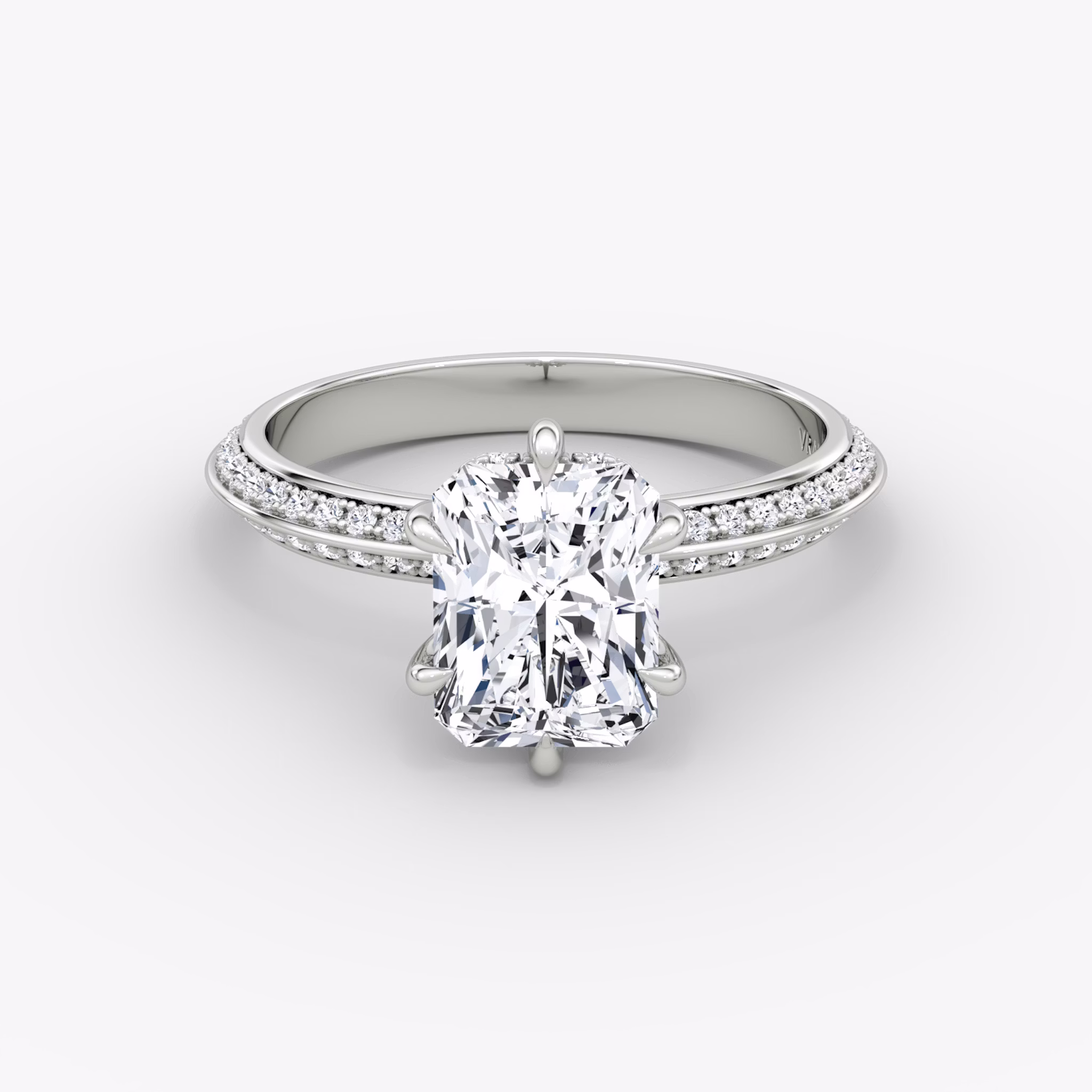 Anillo de compromiso Knife-Edge | Radiante | 18k | Oro blanco | bandAccent: Pavé | hiddenHalo: yes | diamondOrientation: vertical | caratWeight: other