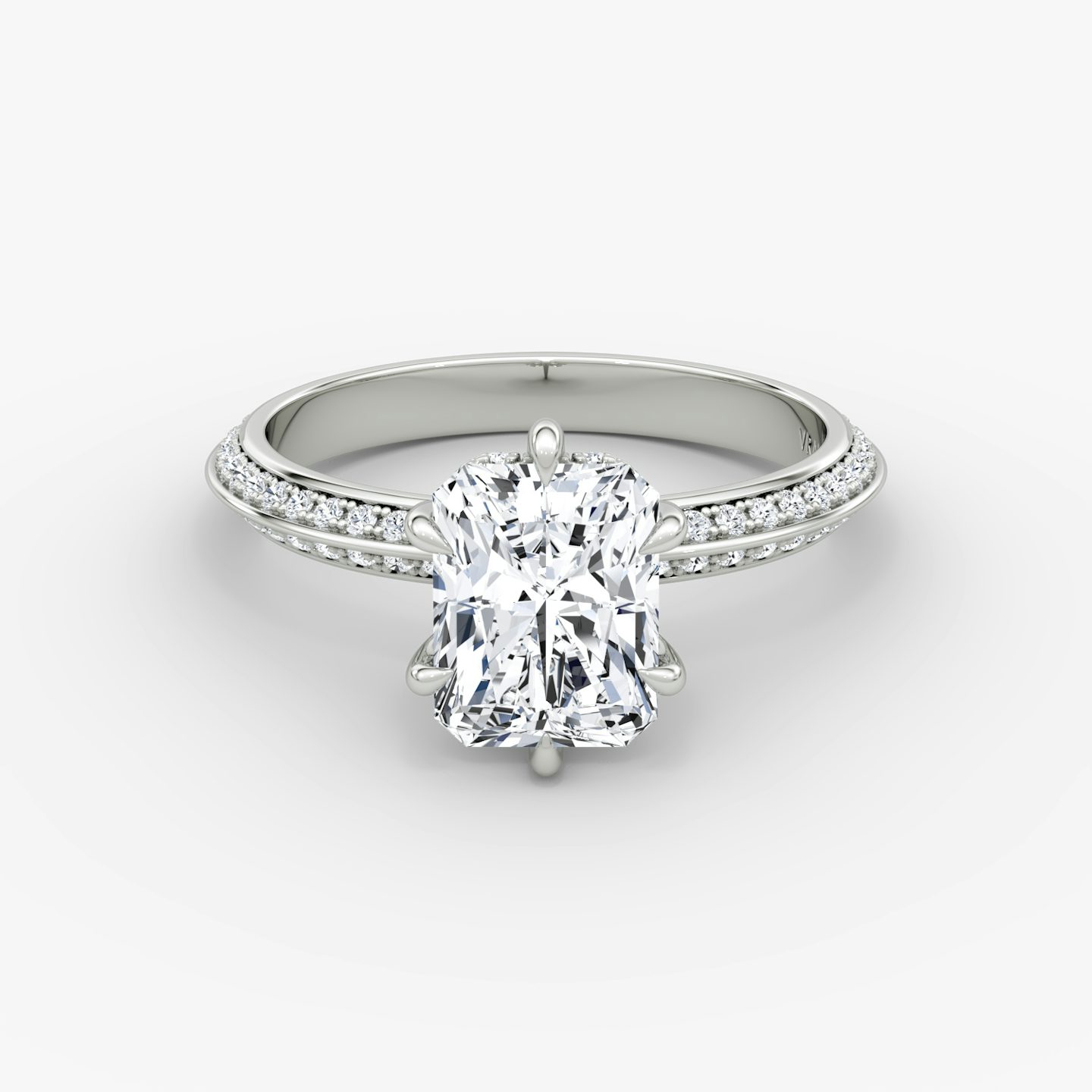 The Knife-Edge | Radiant | 18k | White Gold | bandAccent: Pavé | hiddenHalo: yes | diamondOrientation: vertical | caratWeight: other