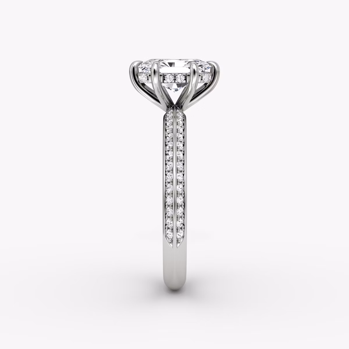 The Knife-Edge | Radiant | 18k | White Gold | bandAccent: Pavé | hiddenHalo: yes | diamondOrientation: vertical | caratWeight: other