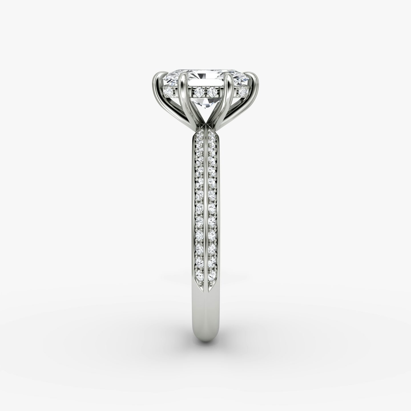 The Knife-Edge | Radiant | 18k | White Gold | bandAccent: Pavé | hiddenHalo: yes | diamondOrientation: vertical | caratWeight: other