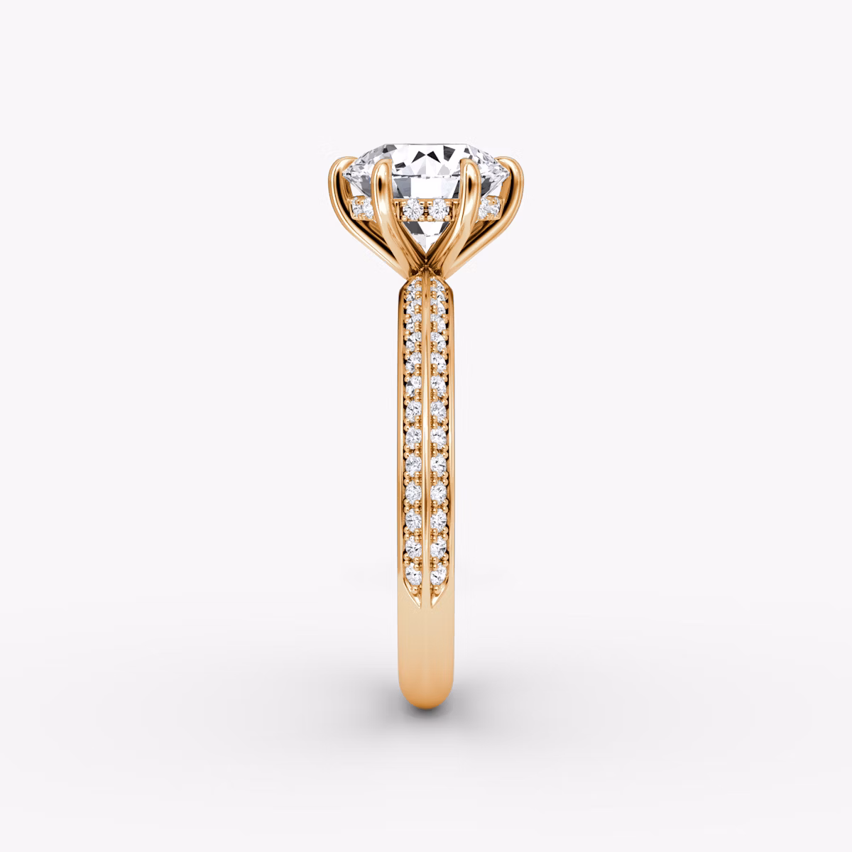 The Knife-Edge | Round Brilliant | 14k | Rose Gold | bandAccent: Pavé | caratWeight: 1.5ct | hiddenHalo: yes | diamondOrientation: vertical