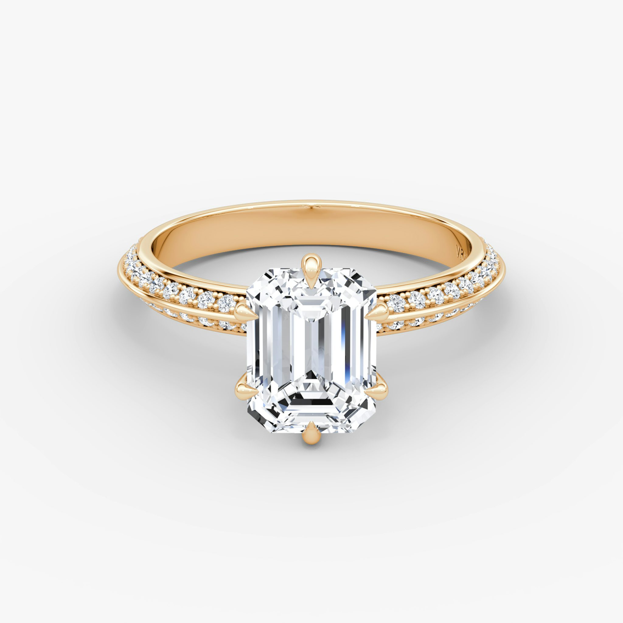 The Knife-Edge | Emerald | 14k | Rose Gold | bandAccent: Pavé | hiddenHalo: no | diamondOrientation: vertical | caratWeight: other