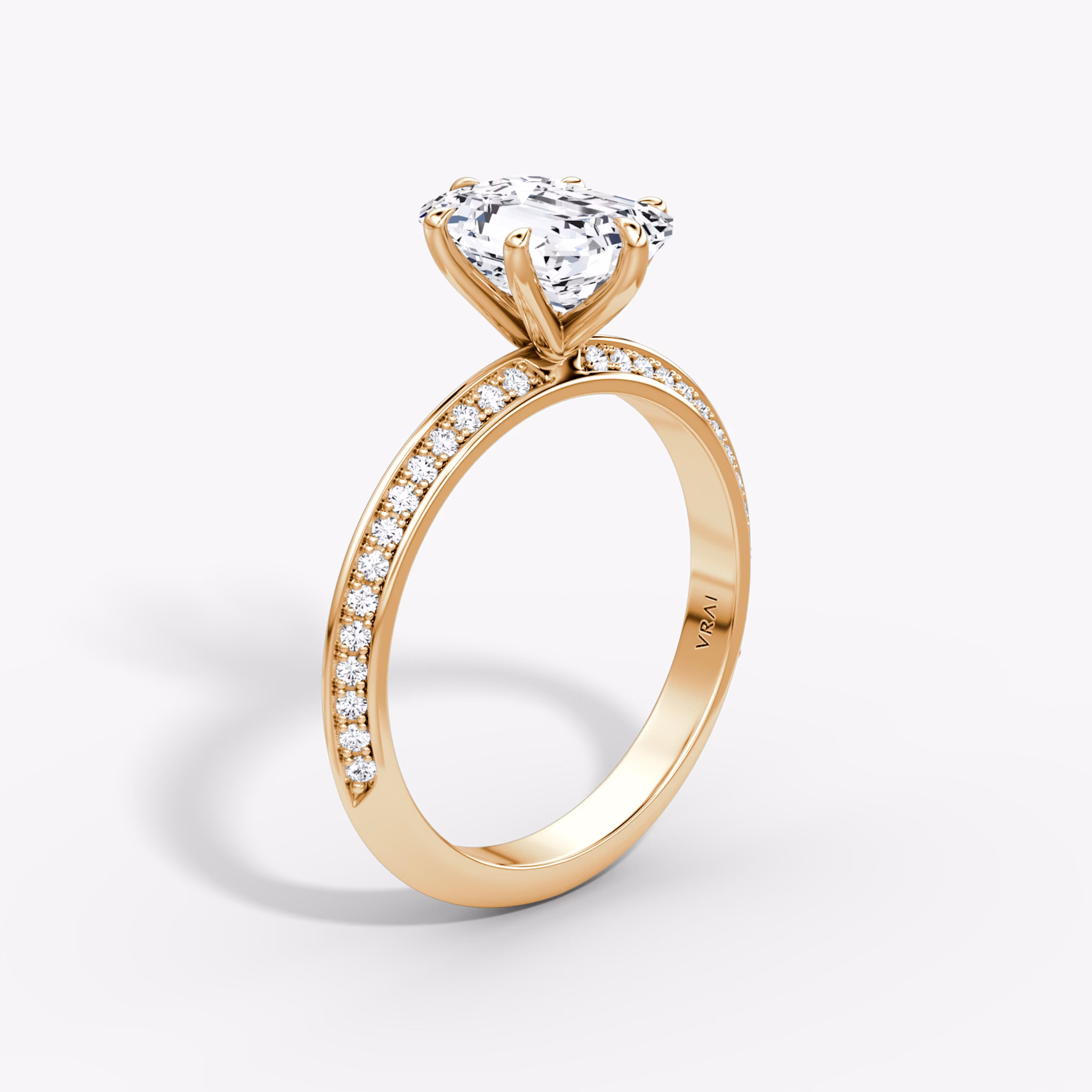 The Knife-Edge | Emerald | 14k | Rose Gold | bandAccent: Pavé | hiddenHalo: no | diamondOrientation: vertical | caratWeight: other