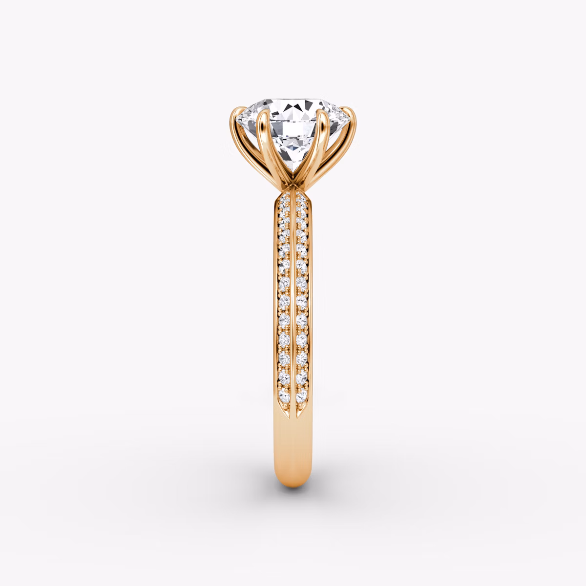 The Knife-Edge | Round Brilliant | 14k | Rose Gold | bandAccent: Pavé | caratWeight: 1.0ct | hiddenHalo: no | diamondOrientation: vertical