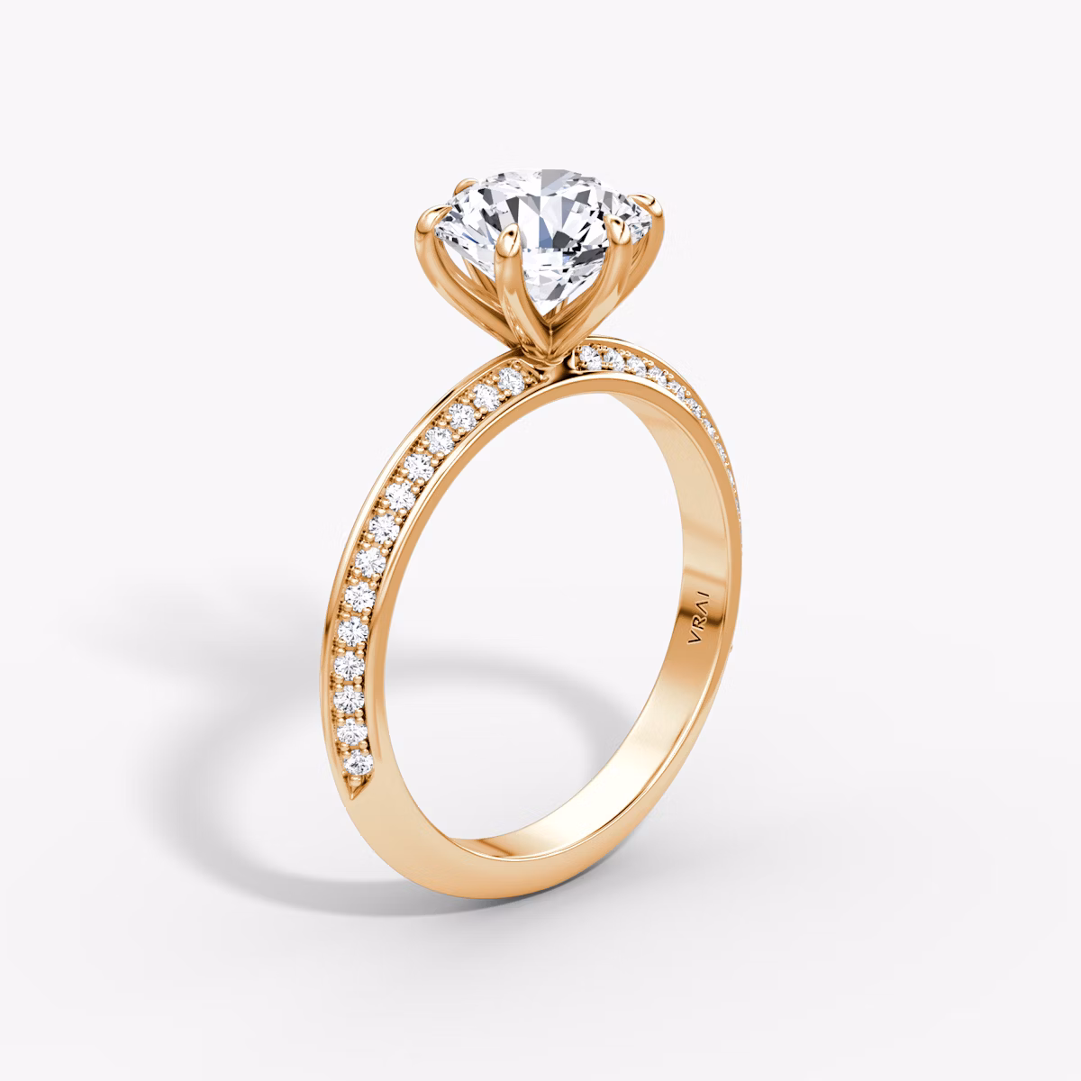 The Knife-Edge | Round Brilliant | 14k | Rose Gold | bandAccent: Pavé | caratWeight: 1.0ct | hiddenHalo: no | diamondOrientation: vertical
