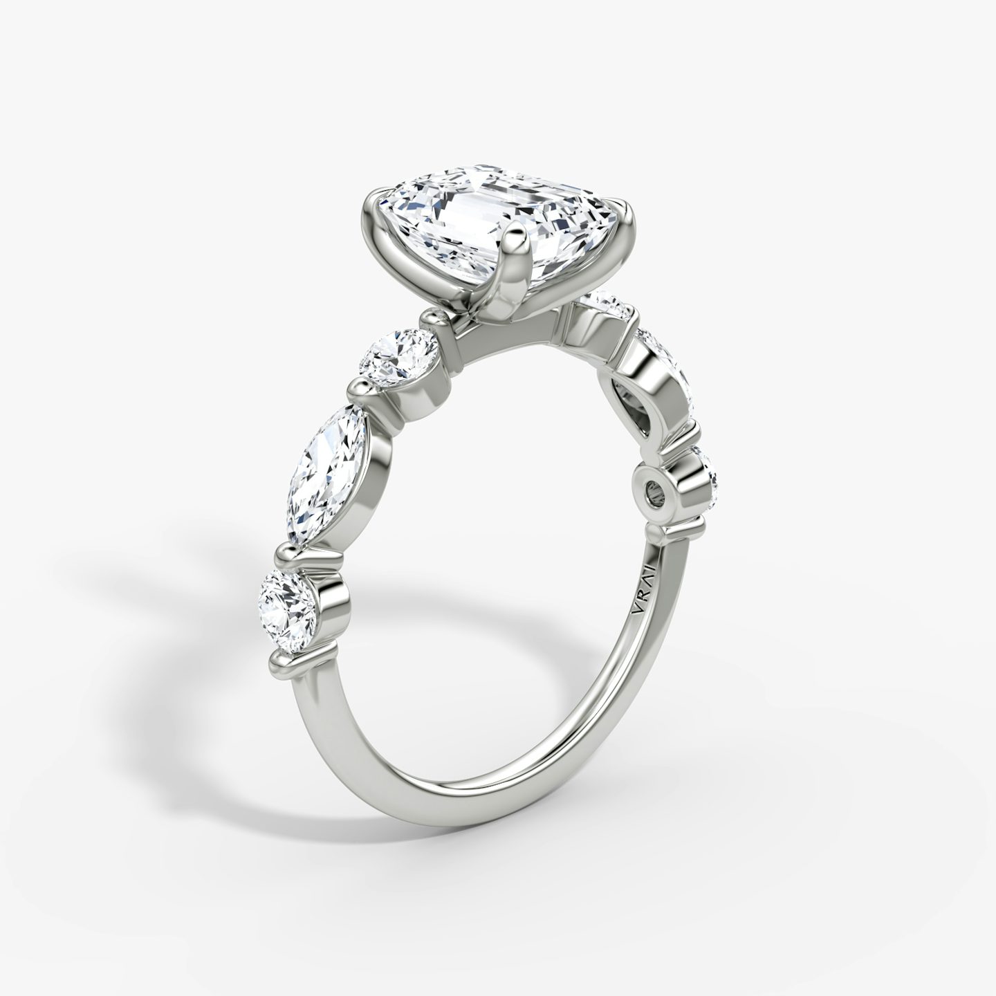 The Mixed Shape Single Shared Prong | Emerald | Platinum | bandAccent: Plain | diamondOrientation: vertical | caratWeight: other
