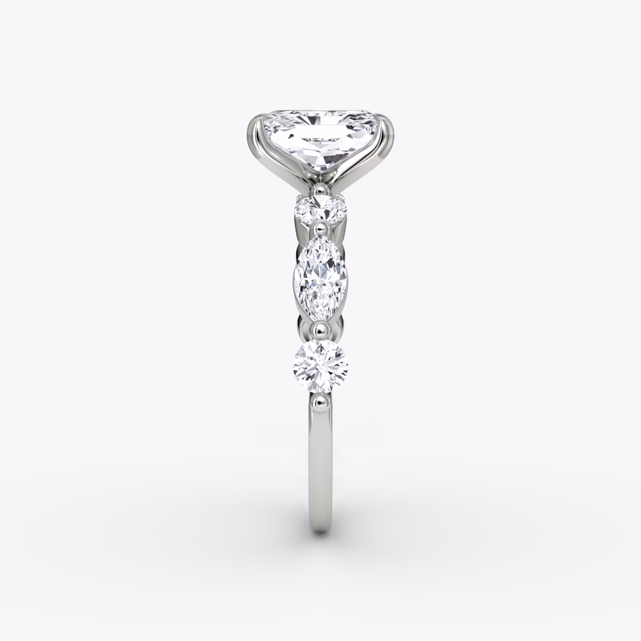 The Mixed Shape Single Shared Prong | Radiant | 18k | White Gold | bandAccent: Plain | diamondOrientation: vertical | caratWeight: other