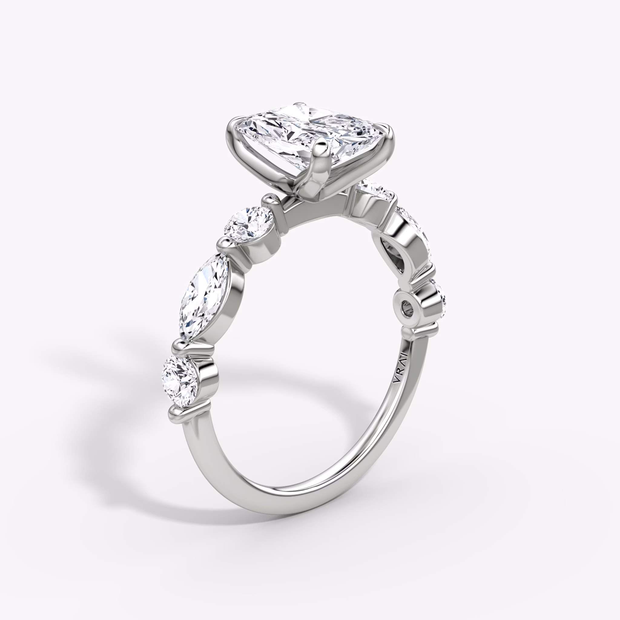 The Mixed Shape Single Shared Prong | Radiant | 18k | White Gold | bandAccent: Plain | diamondOrientation: vertical | caratWeight: other