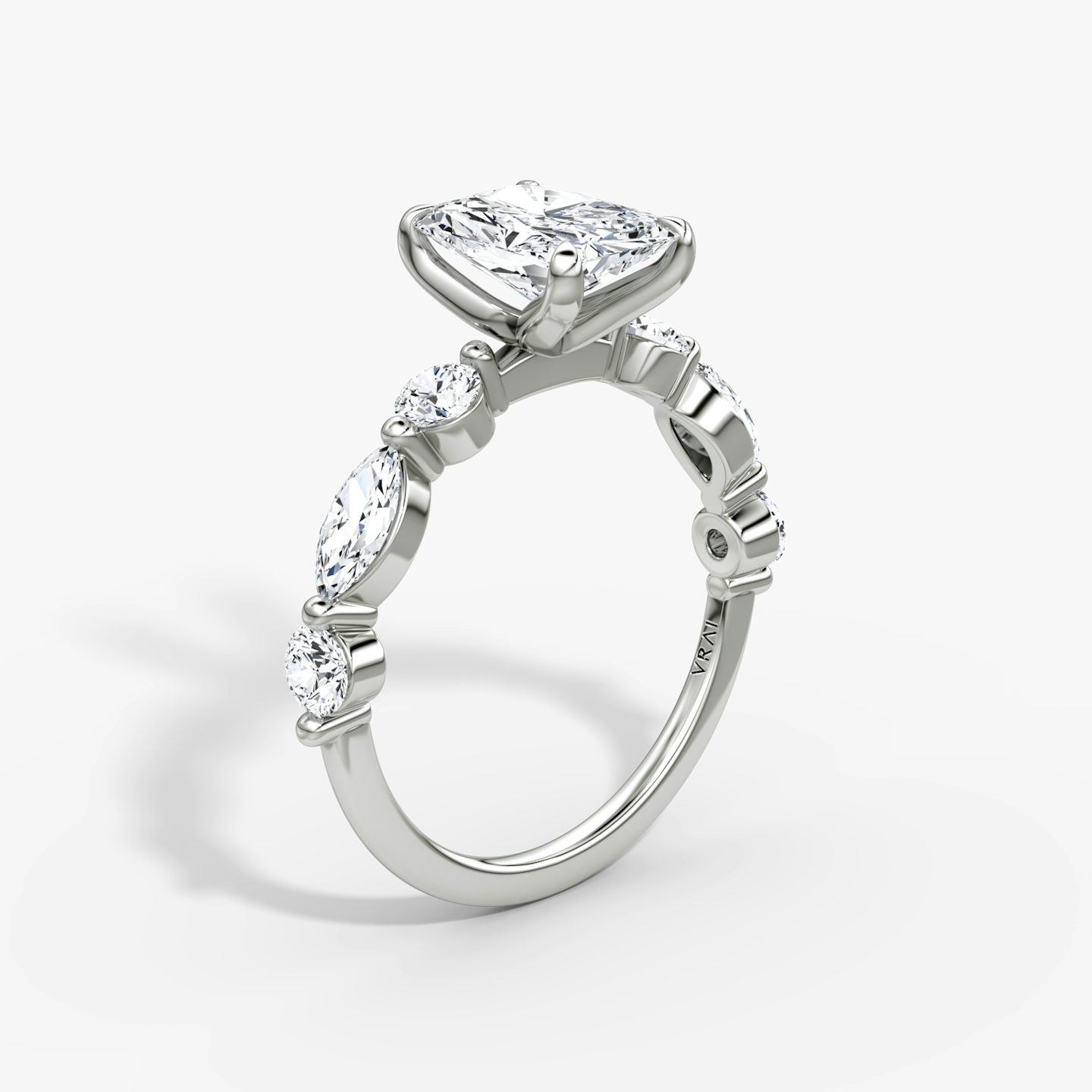 The Mixed Shape Single Shared Prong | Radiant | 18k | White Gold | bandAccent: Plain | diamondOrientation: vertical | caratWeight: other