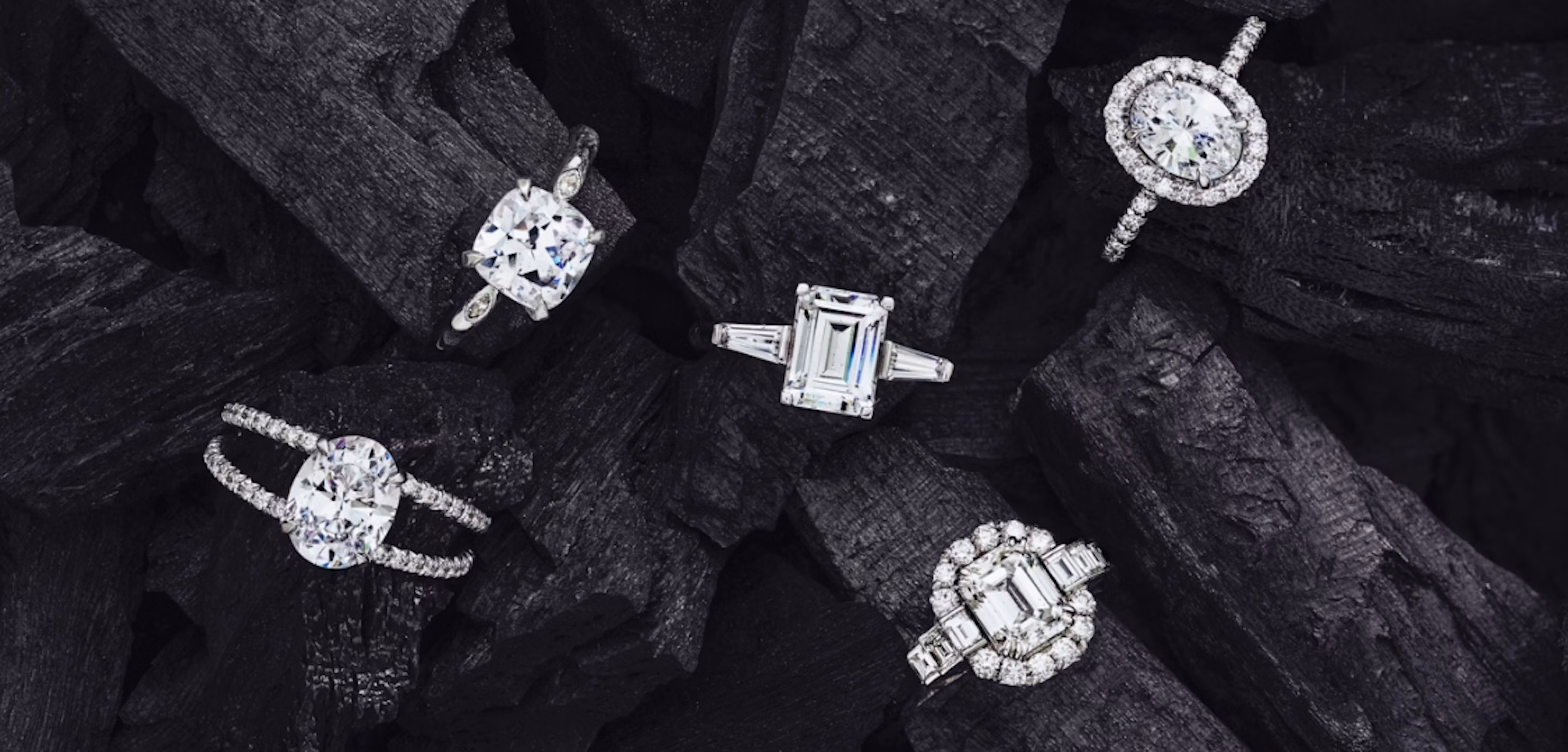 Five different engagement rings including halo, double band, emerald cut and oval cut