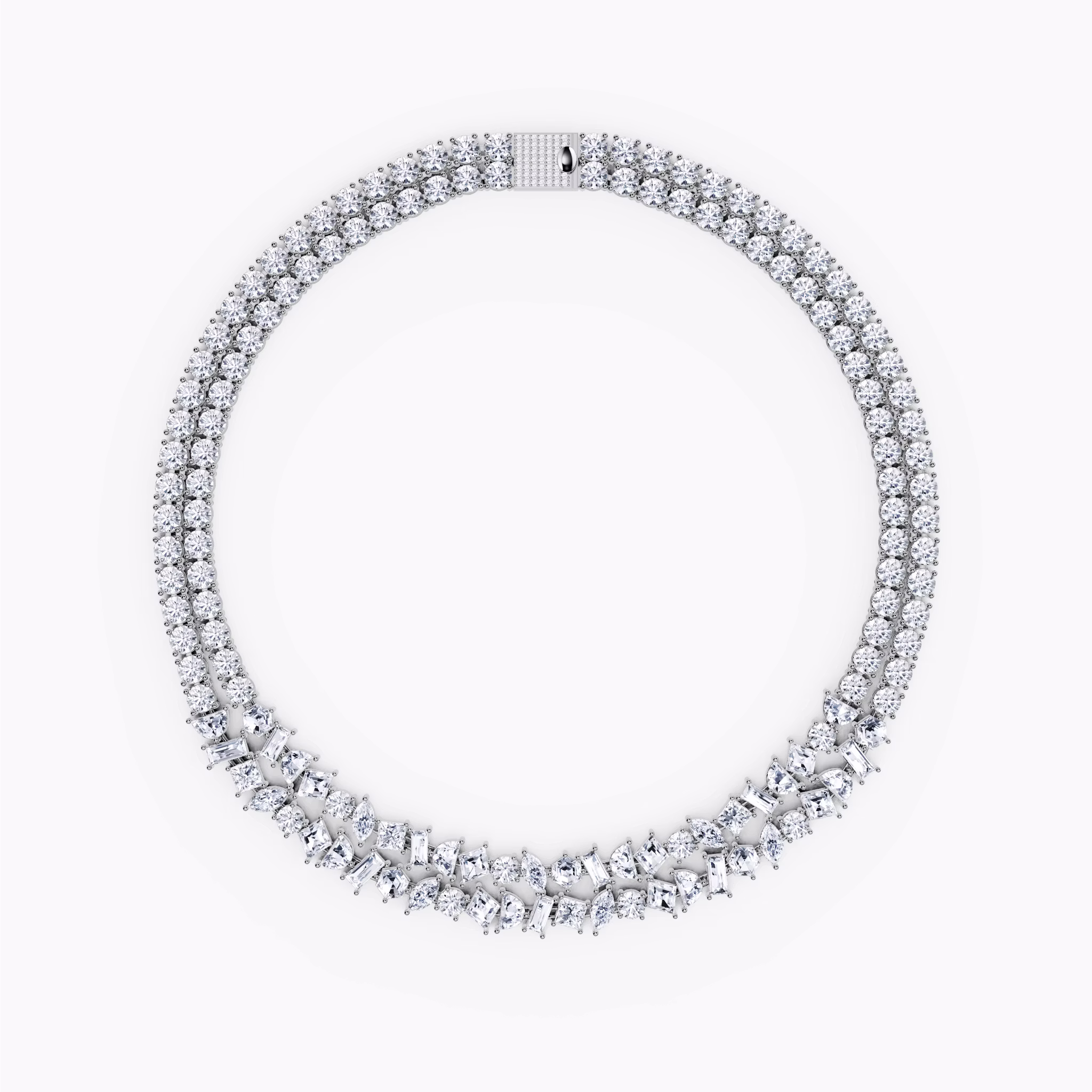 Mixed Shape Double Strand Tennis Necklace | lozenge+half-moon+hexagon+baguette+round-brilliant+marquise | 14k | White Gold | chainLength: 15.5
