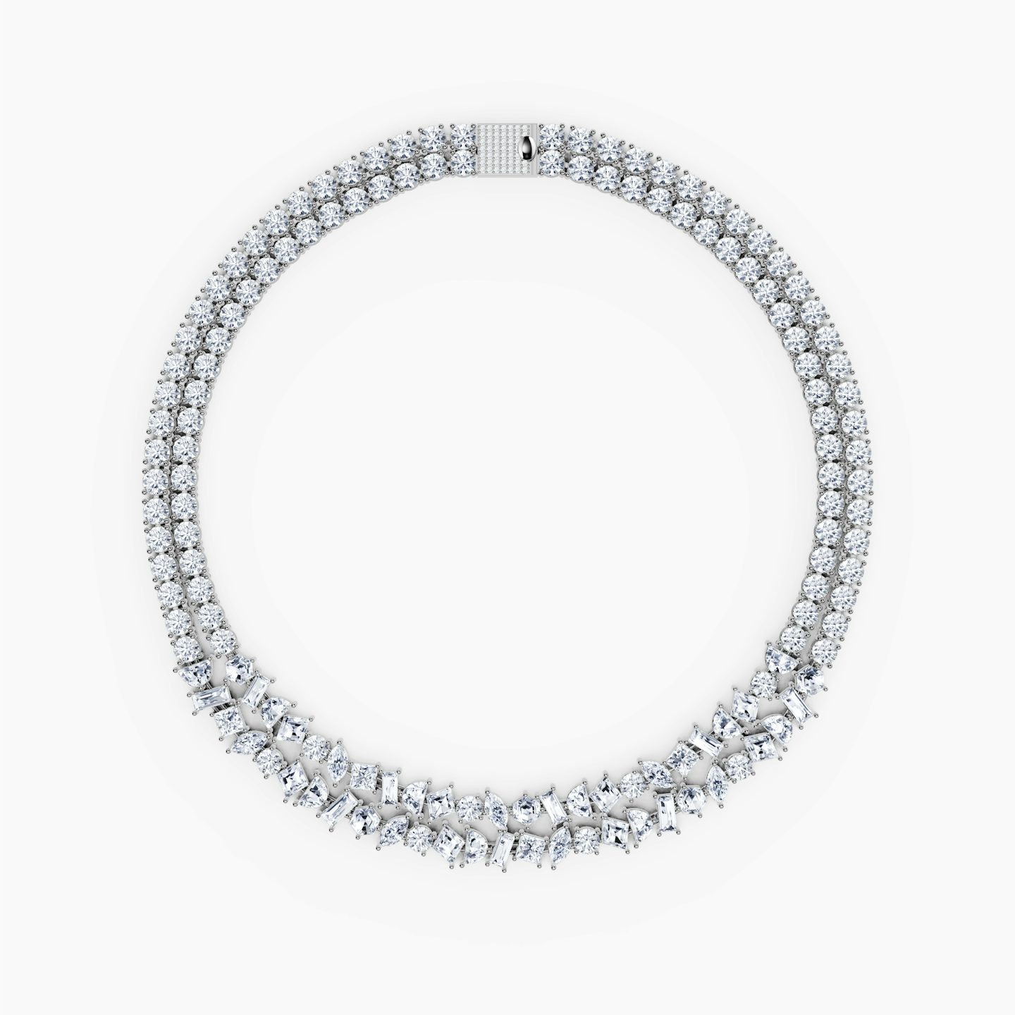 Mixed Shape Double Strand Tennis Necklace | lozenge+half-moon+hexagon+baguette+round-brilliant+marquise | 14k | White Gold | chainLength: 15.5