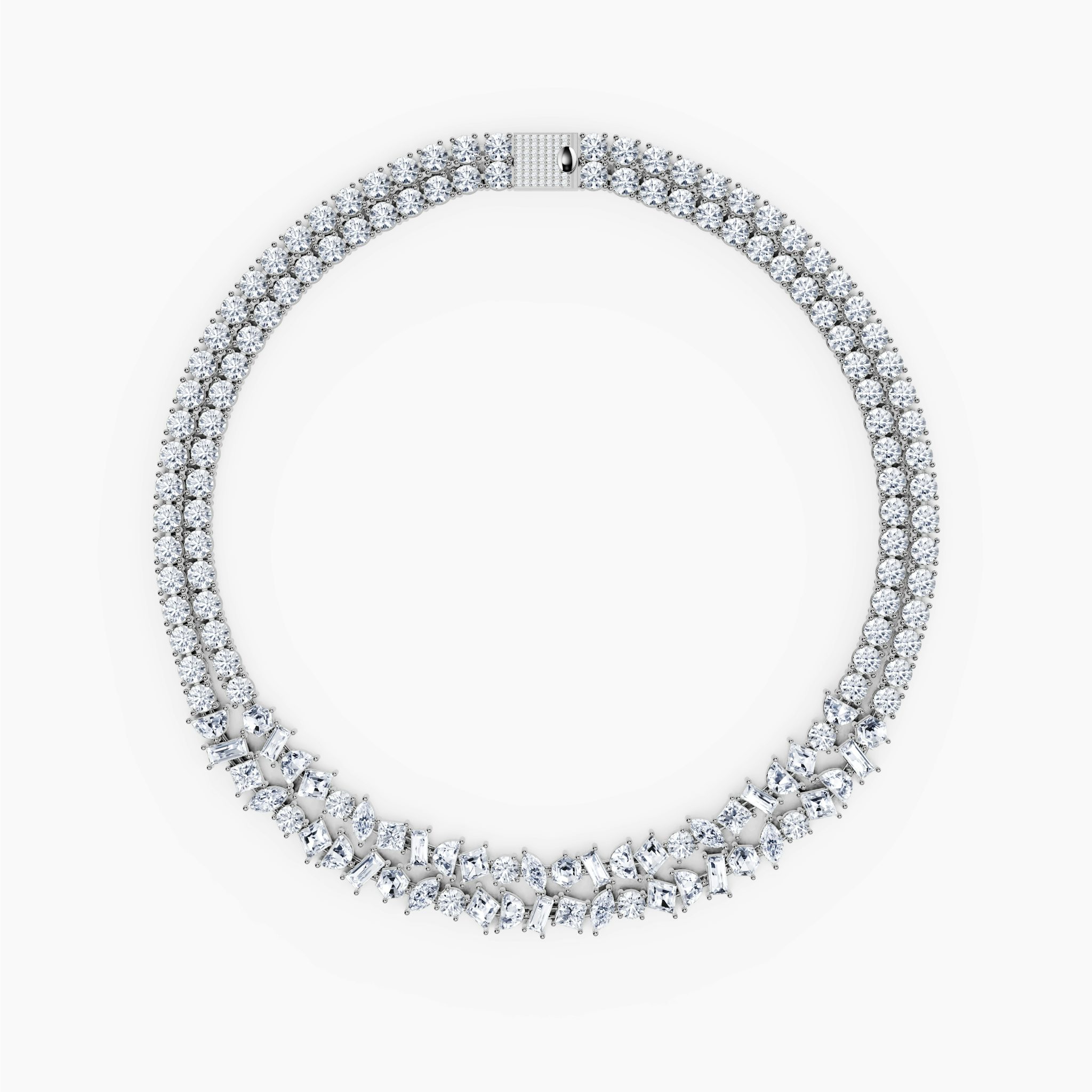 Mixed Shape Double Strand Tennis Necklace | lozenge+half-moon+hexagon+baguette+round-brilliant+marquise | 14k | White Gold | chainLength: 15.5