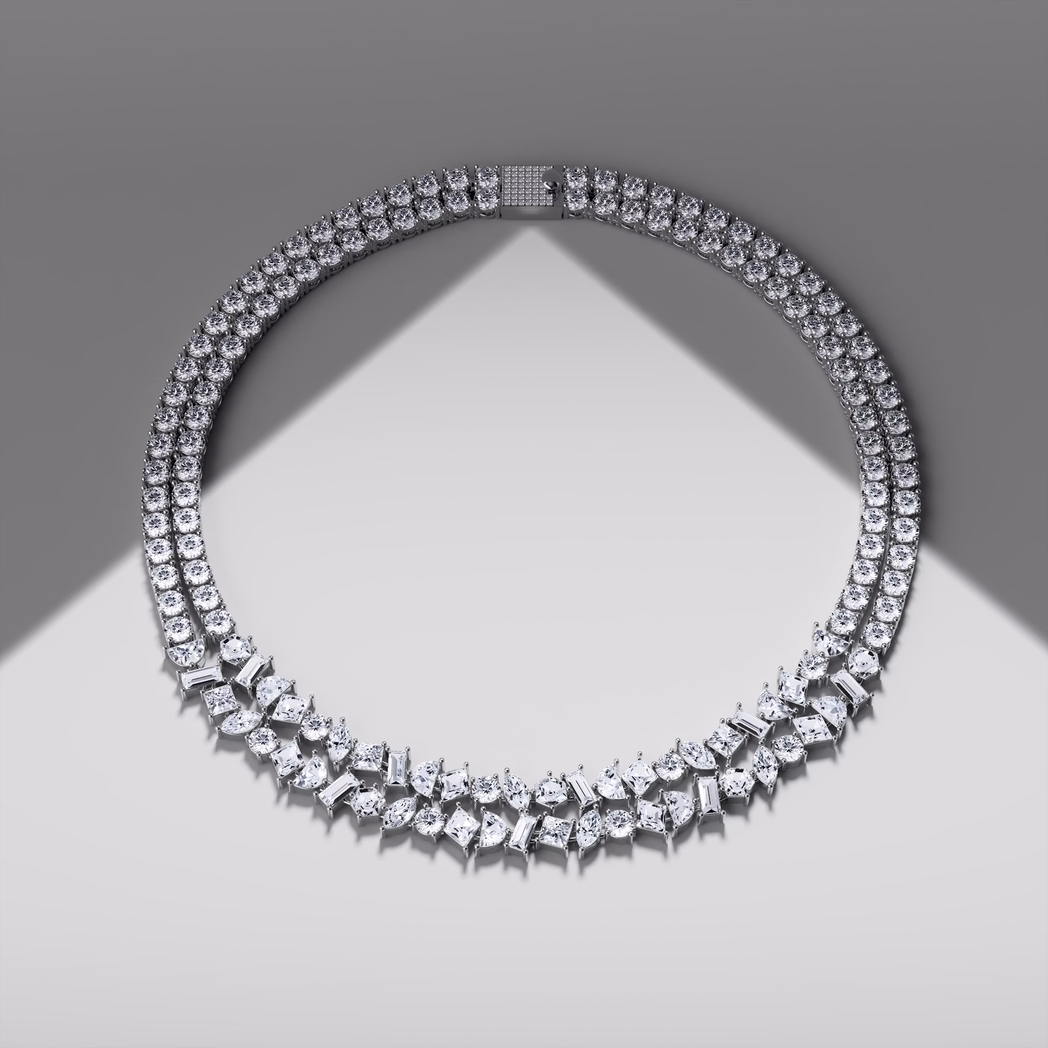 Mixed Shape Double Strand Tennis Necklace | lozenge+half-moon+hexagon+baguette+round-brilliant+marquise | 14k | White Gold | chainLength: 15.5