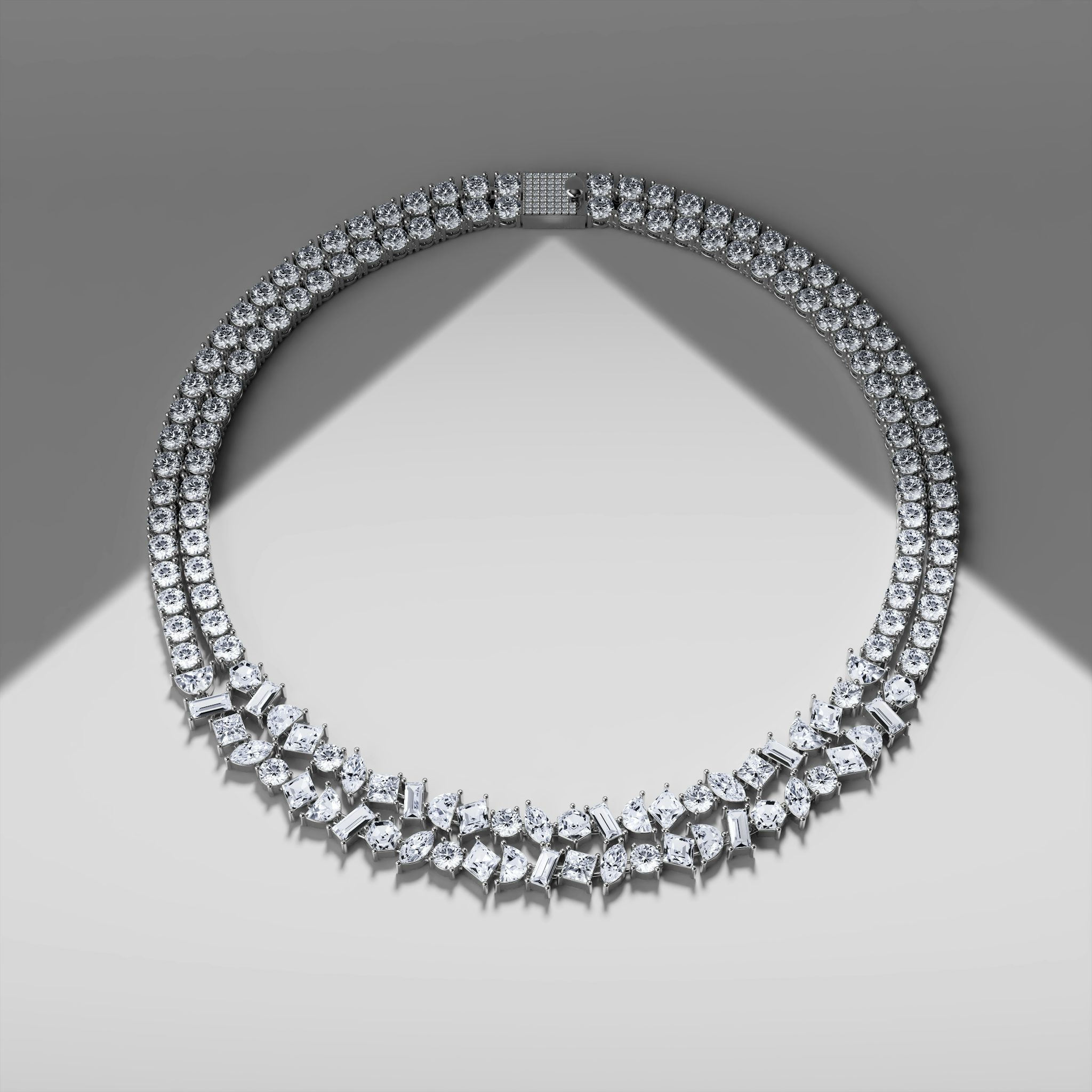 Mixed Shape Double Strand Tennis Necklace | lozenge+half-moon+hexagon+baguette+round-brilliant+marquise | 14k | White Gold | chainLength: 15.5