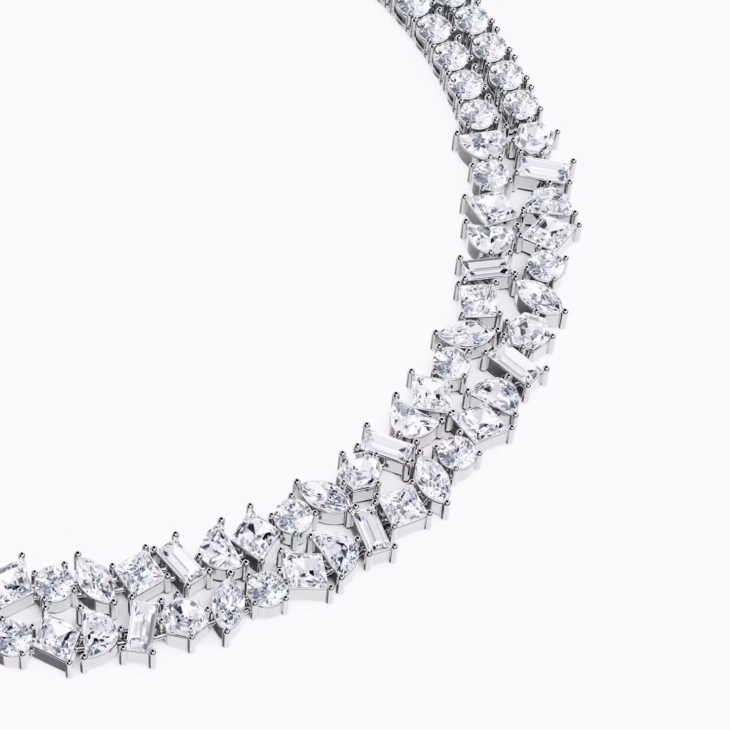 Mixed Shape Double Strand Tennis Necklace | lozenge+half-moon+hexagon+baguette+round-brilliant+marquise | 14k | White Gold | chainLength: 15.5