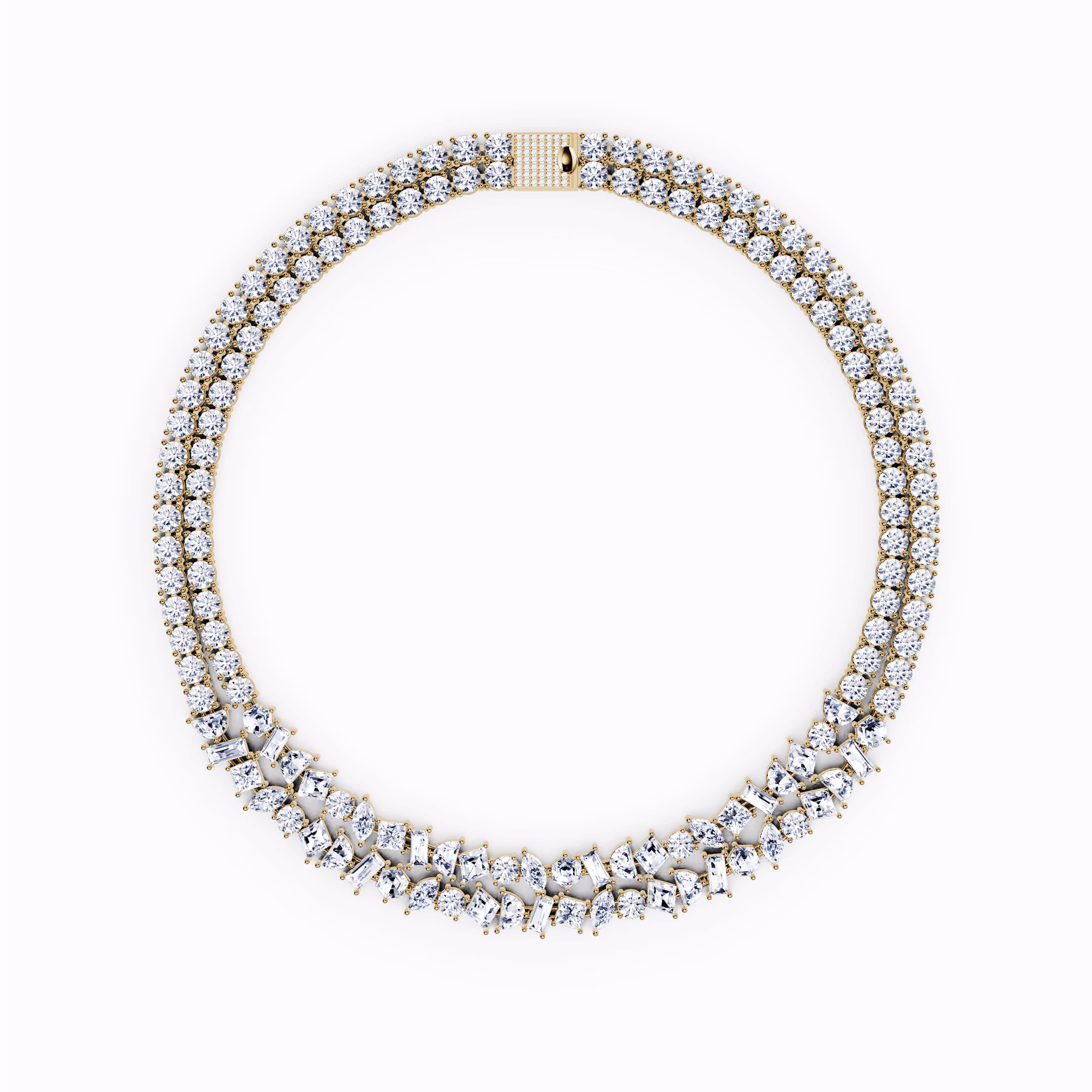 Mixed Shape Double Strand Tennis Necklace | lozenge+half-moon+hexagon+baguette+round-brilliant+marquise | 14k | Yellow Gold | chainLength: 15.5