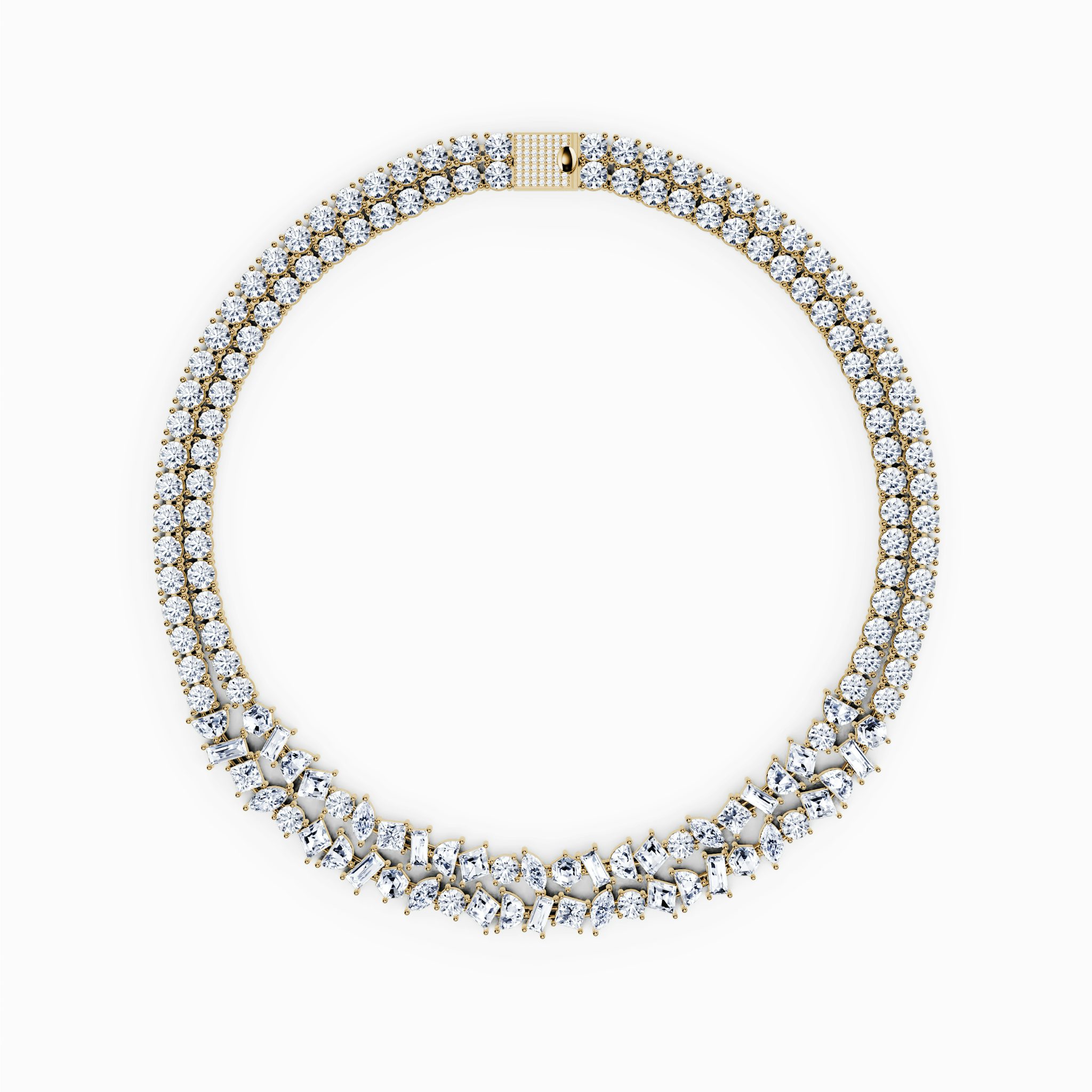 Mixed Shape Double Strand Tennis Necklace | lozenge+half-moon+hexagon+baguette+round-brilliant+marquise | 14k | Yellow Gold | chainLength: 15.5