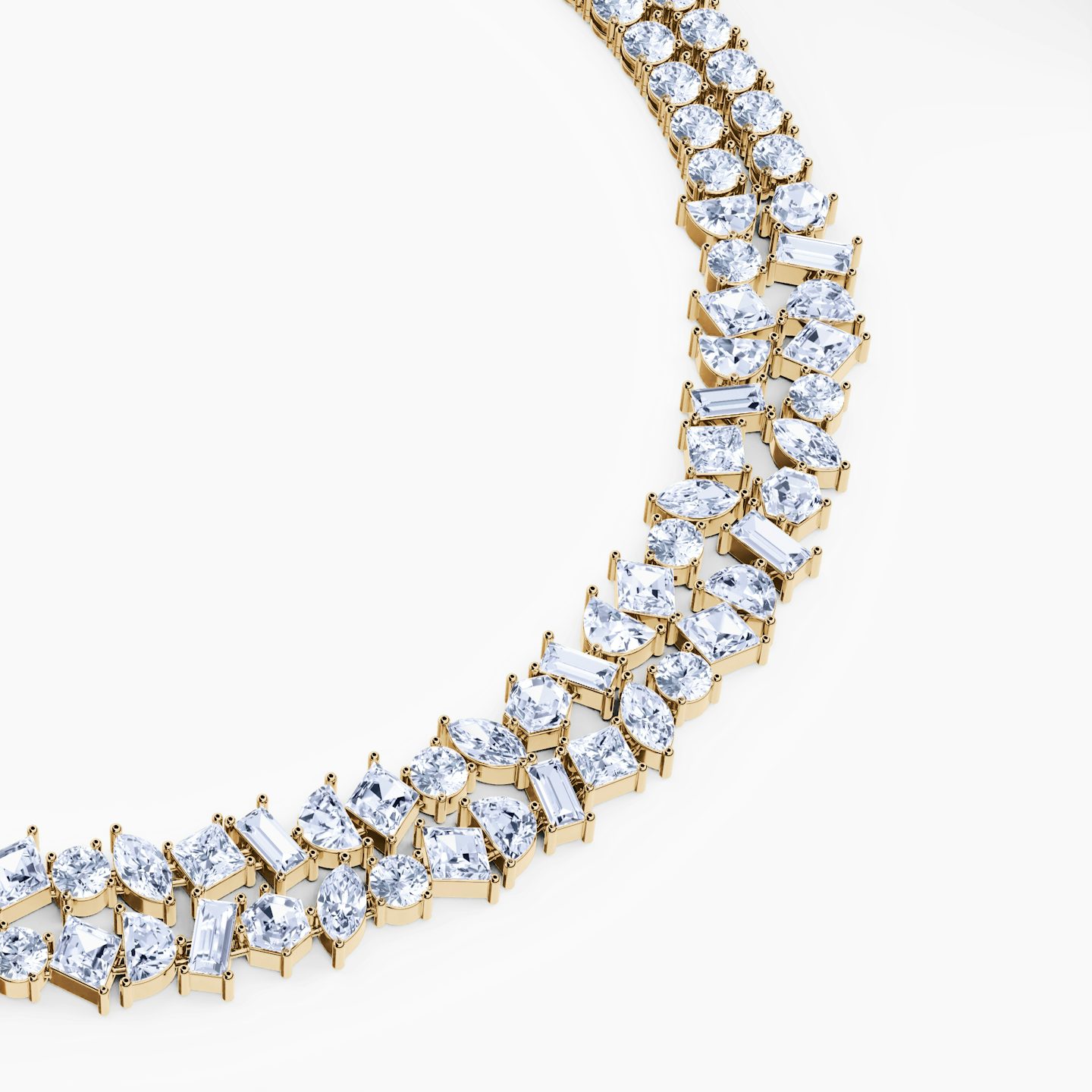 Mixed Shape Double Strand Tennis Necklace | lozenge+half-moon+hexagon+baguette+round-brilliant+marquise | 14k | Yellow Gold | chainLength: 15.5