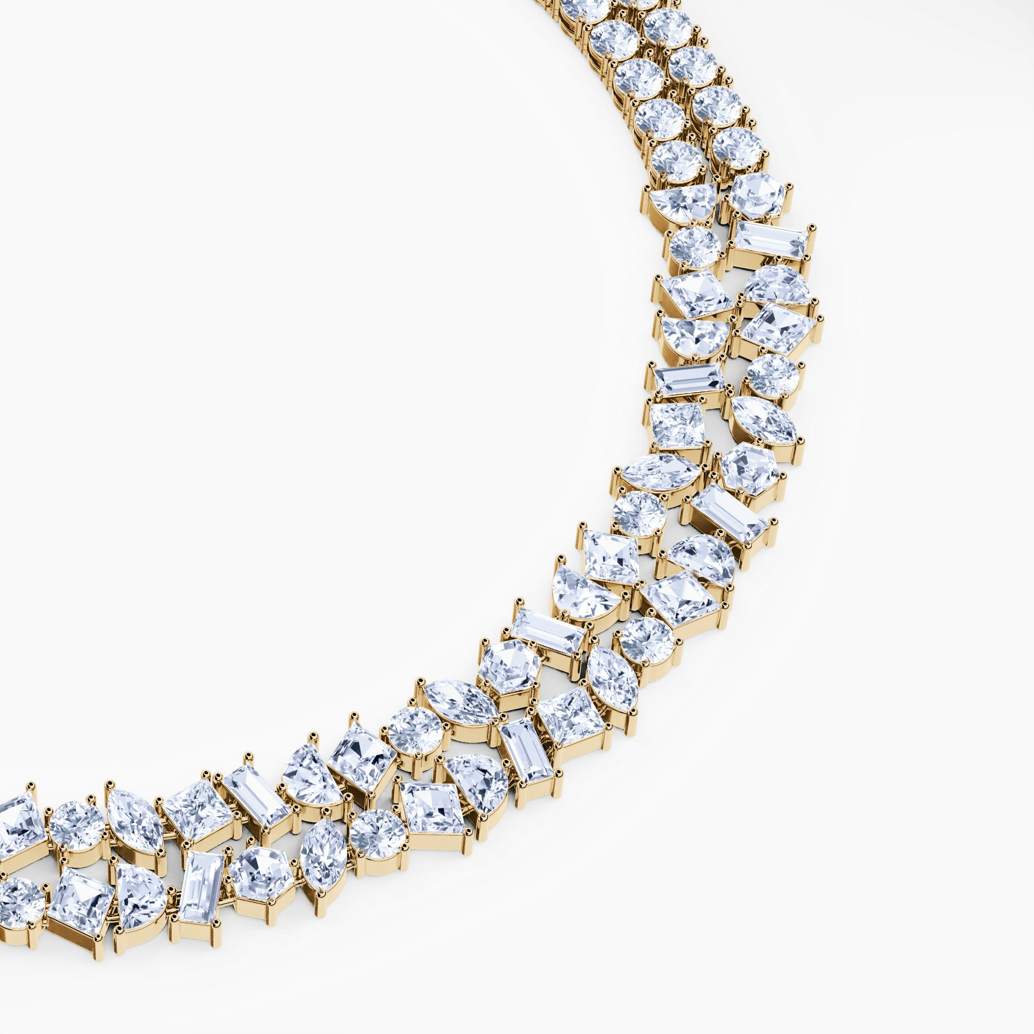 Mixed Shape Double Strand Tennis Necklace | lozenge+half-moon+hexagon+baguette+round-brilliant+marquise | 14k | Yellow Gold | chainLength: 15.5