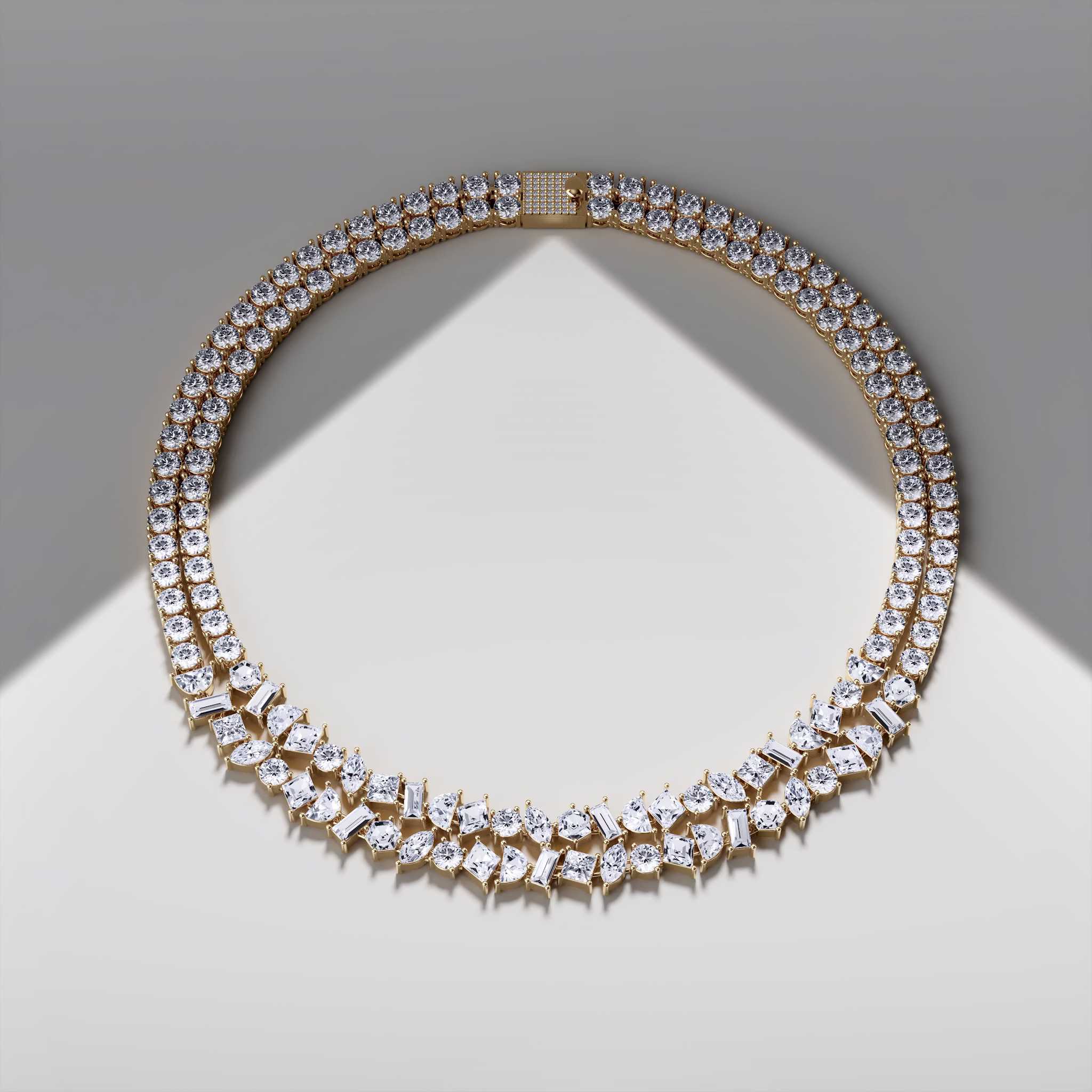 Mixed Shape Double Strand Tennis Necklace | lozenge+half-moon+hexagon+baguette+round-brilliant+marquise | 14k | Yellow Gold | chainLength: 15.5