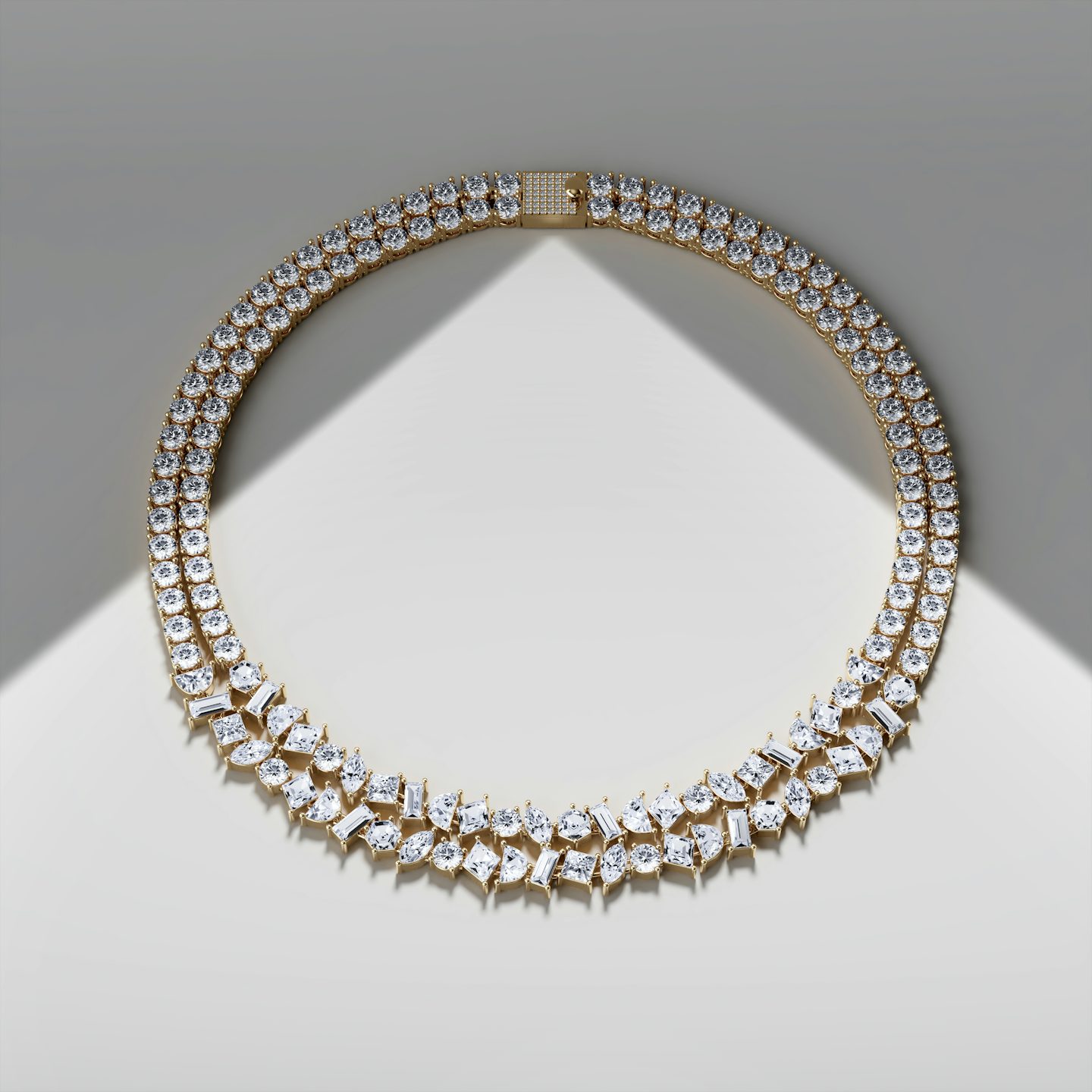 Mixed Shape Double Strand Tennis Necklace | lozenge+half-moon+hexagon+baguette+round-brilliant+marquise | 14k | Yellow Gold | chainLength: 15.5