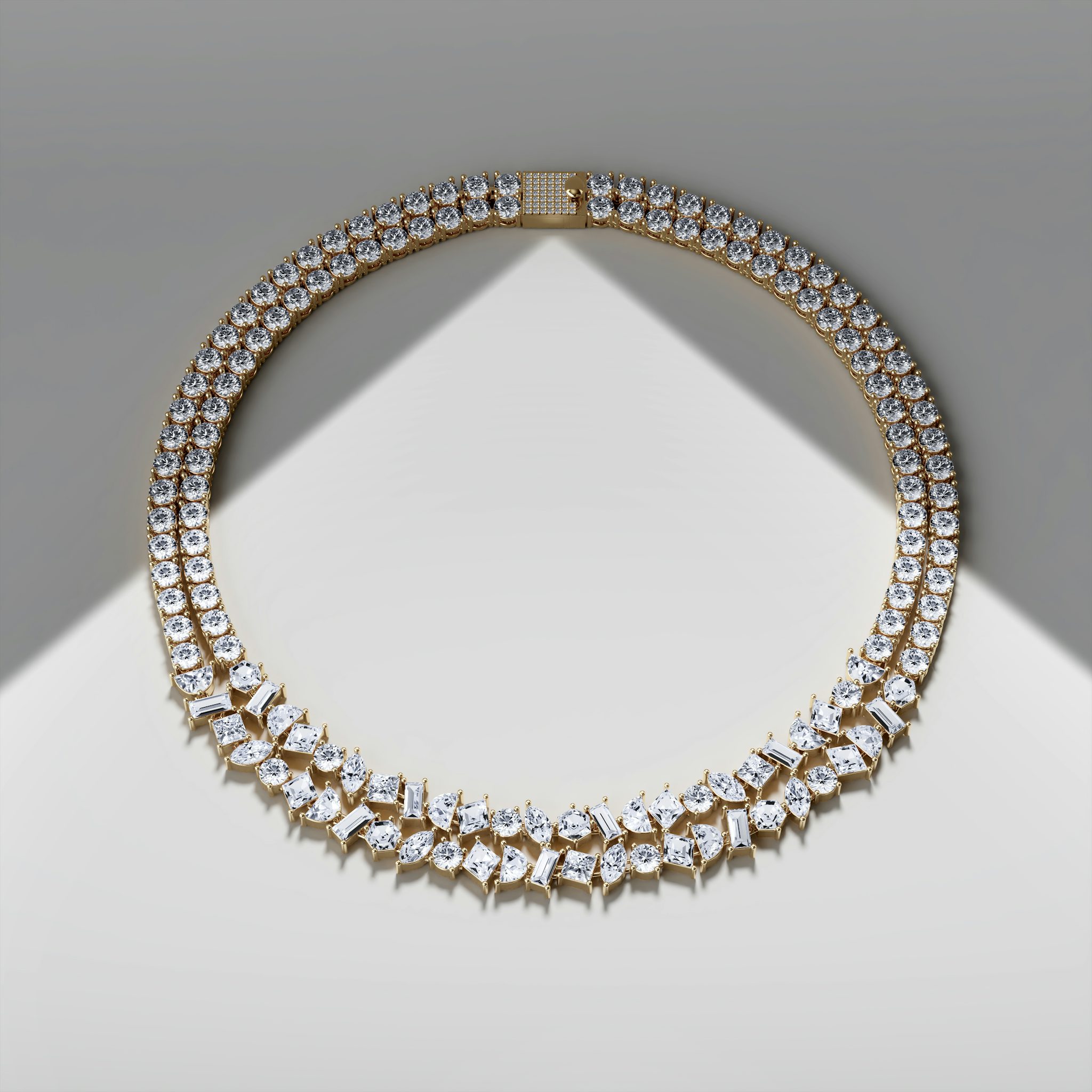 Mixed Shape Double Strand Tennis Necklace | lozenge+half-moon+hexagon+baguette+round-brilliant+marquise | 14k | Yellow Gold | chainLength: 15.5