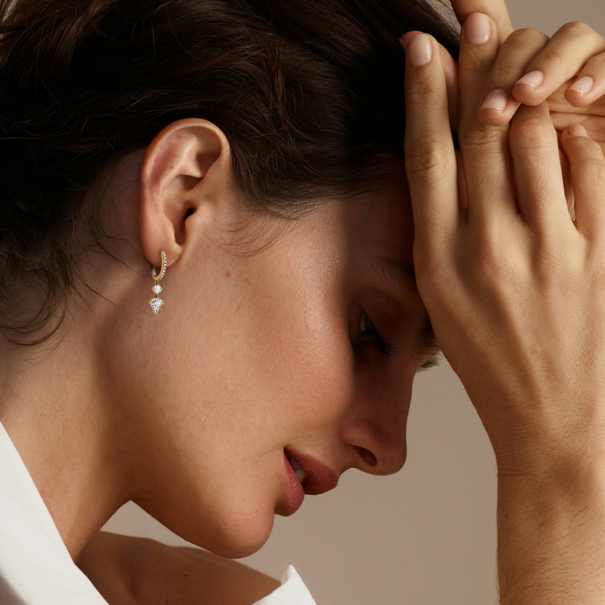 Duo Shield Drop Hoop | Shield | 14k | White Gold | diamondtype: round-brilliant+shield | hoopAccent: Pavé