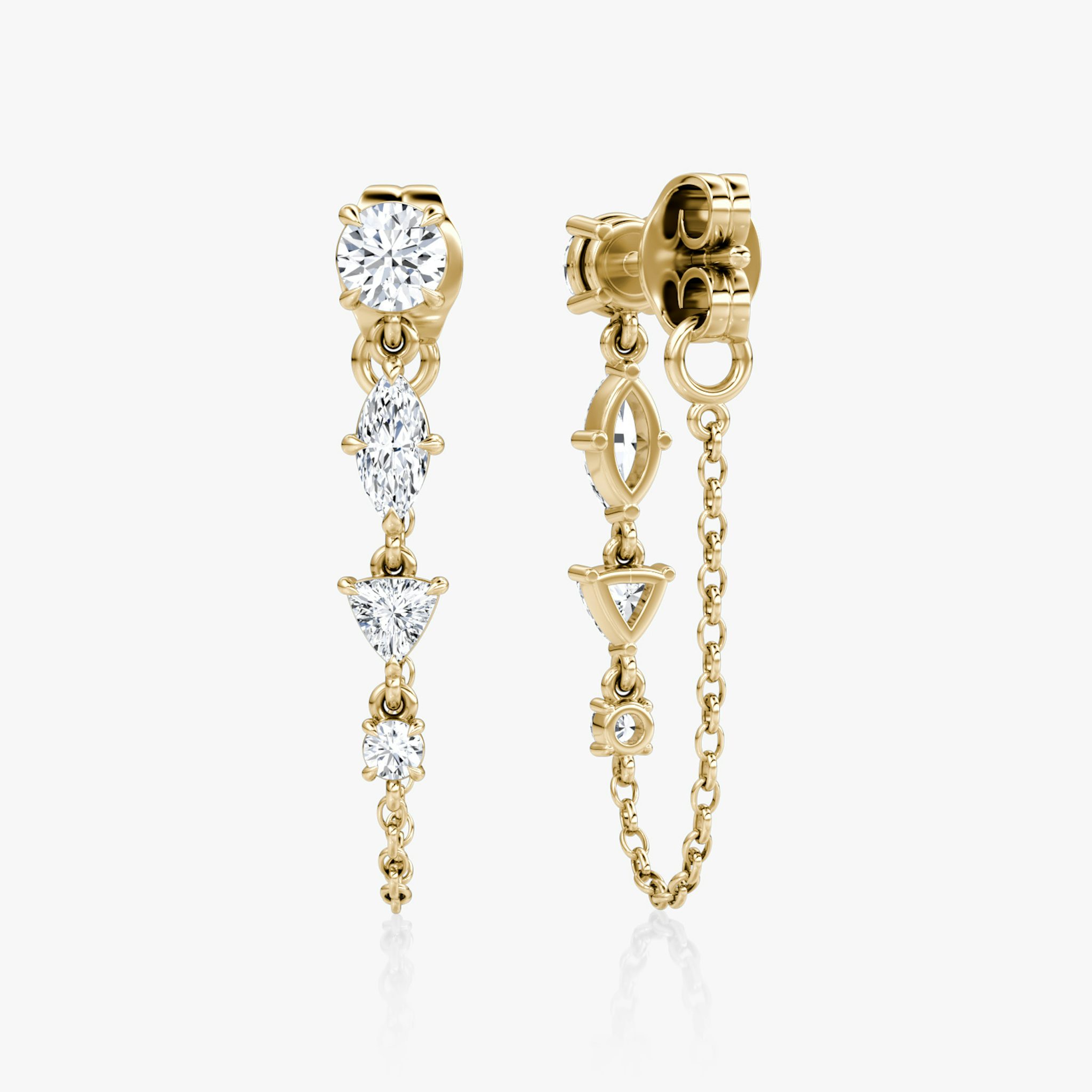 Mixed Shape Linked Tennis Earring | Trillion | 14k | Yellow Gold | diamondtype: round-brilliant+marquise+trillion