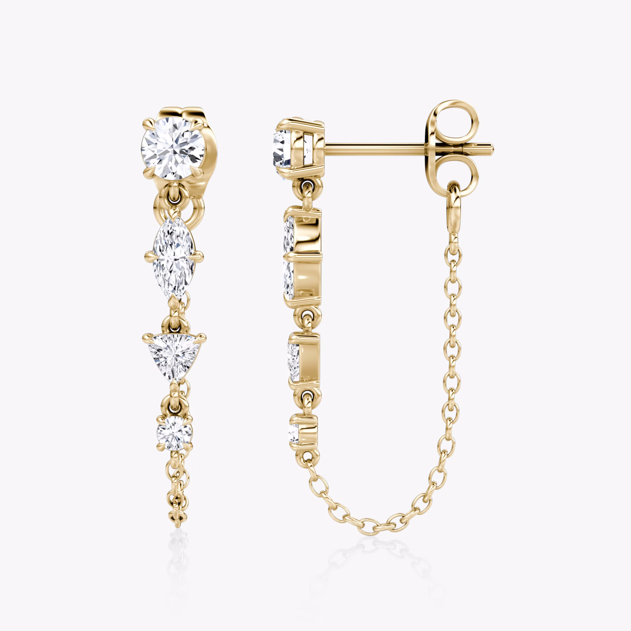Mixed Shape Linked Tennis Earring | Trillion | 14k | Yellow Gold | diamondtype: round-brilliant+marquise+trillion