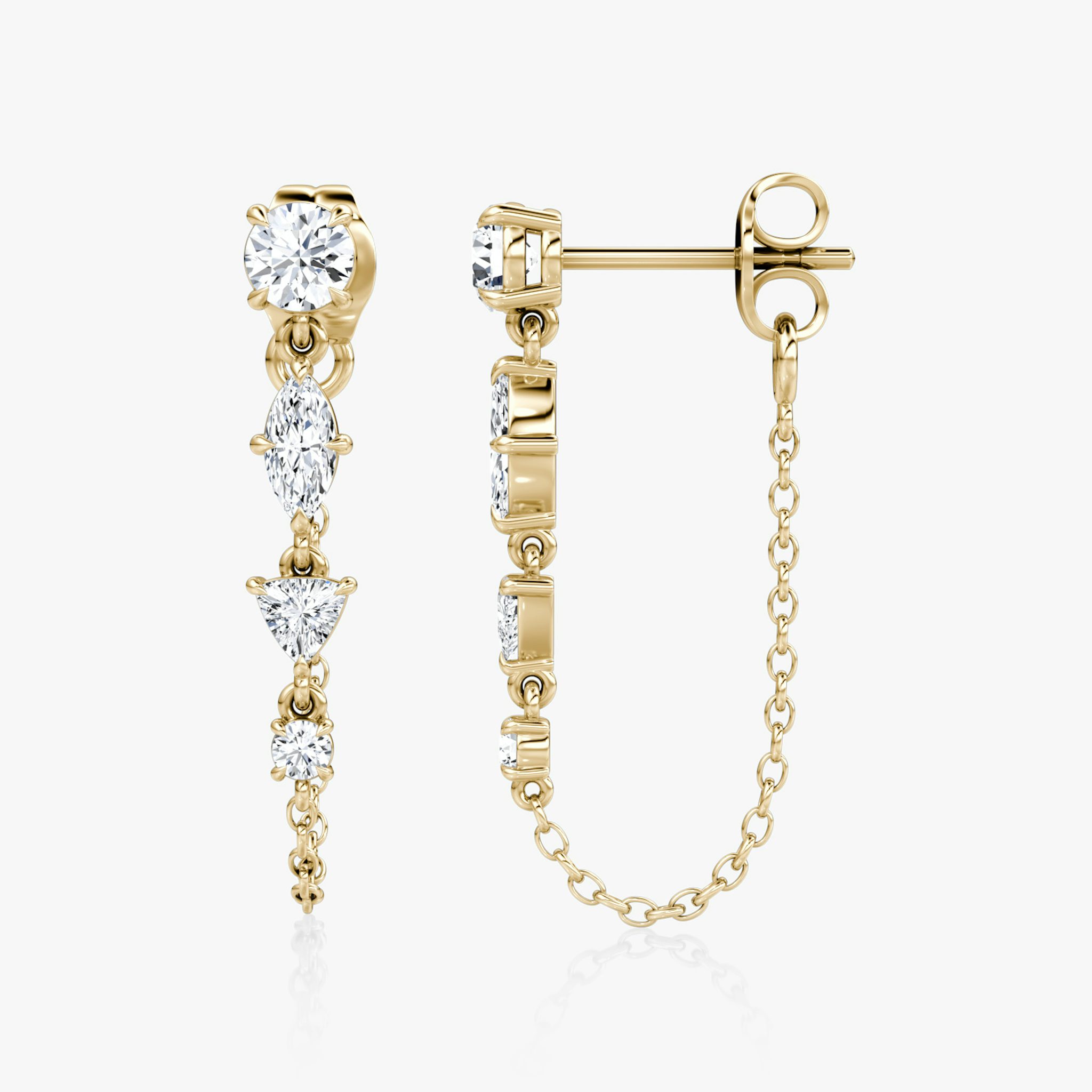 Mixed Shape Linked Tennis Earring | Trillion | 14k | Yellow Gold | diamondtype: round-brilliant+marquise+trillion