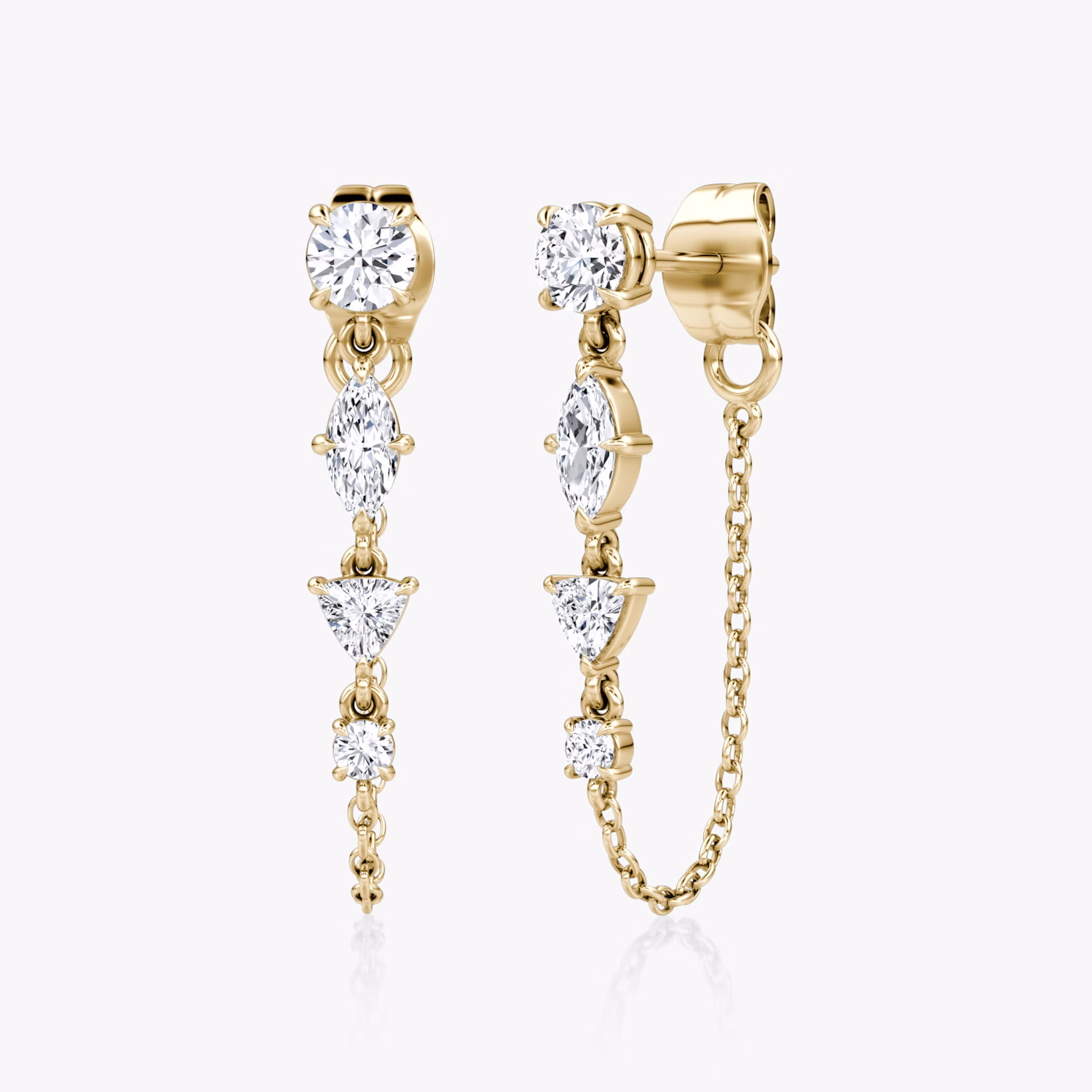 Mixed Shape Linked Tennis Earring | Trillion | 14k | Yellow Gold | diamondtype: round-brilliant+marquise+trillion