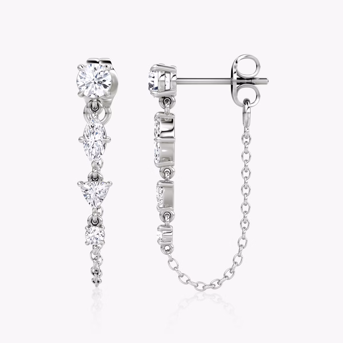 Mixed Shape Linked Tennis Earring | Trillion | 14k | White Gold | diamondtype: round-brilliant+marquise+trillion
