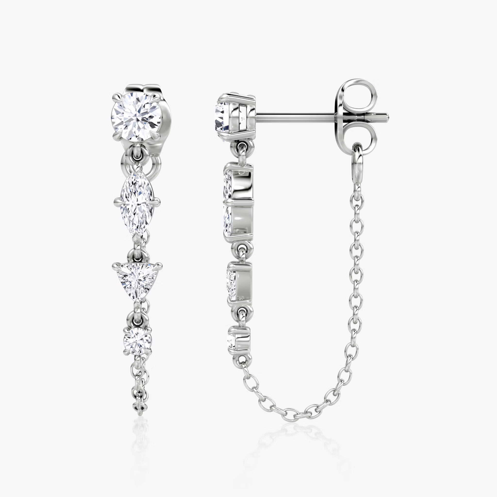 Mixed Shape Linked Tennis Earring | Trillion | 14k | White Gold | diamondtype: round-brilliant+marquise+trillion