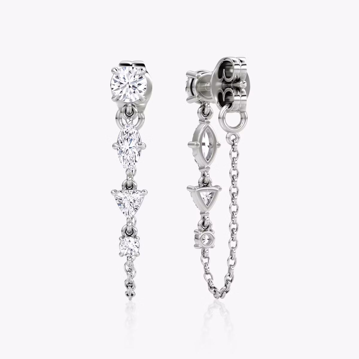 Mixed Shape Linked Tennis Earring | Trillion | 14k | White Gold | diamondtype: round-brilliant+marquise+trillion