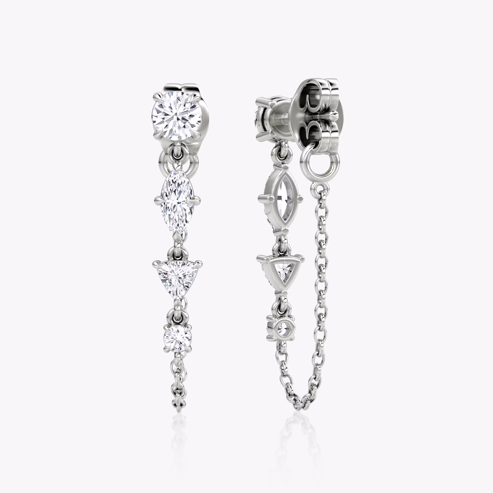 Mixed Shape Linked Tennis Earring | Trillion | 14k | White Gold | diamondtype: round-brilliant+marquise+trillion