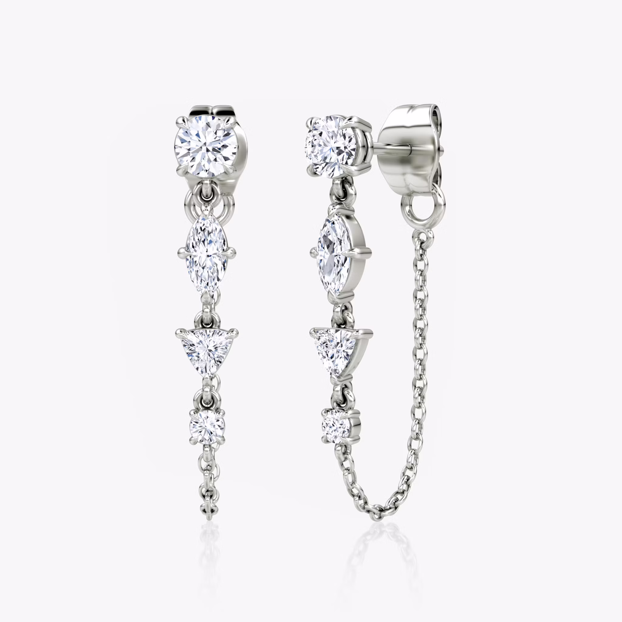 Mixed Shape Linked Tennis Earring Trillion | White Gold