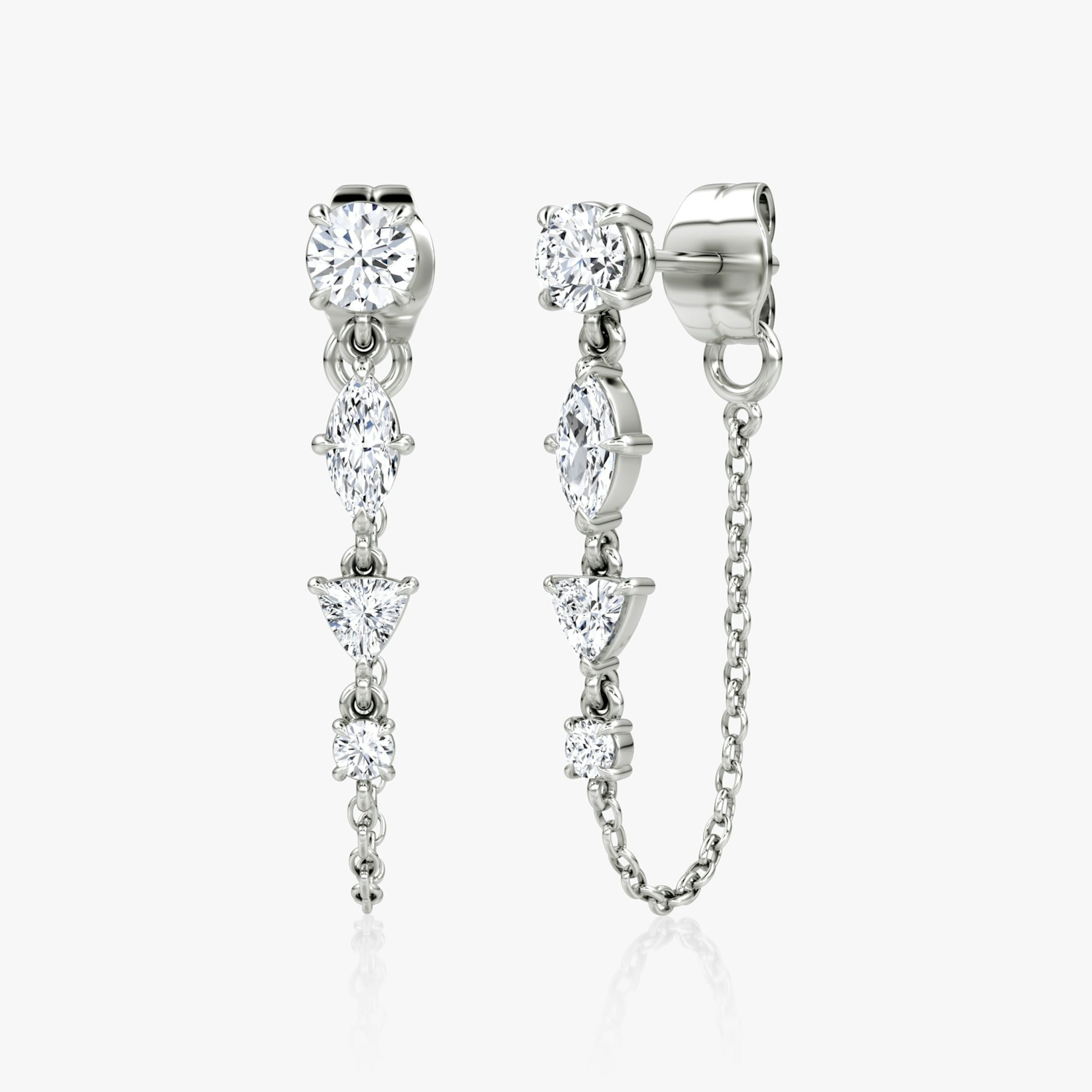 Mixed Shape Linked Tennis Earring | Trillion | 14k | White Gold | diamondtype: round-brilliant+marquise+trillion