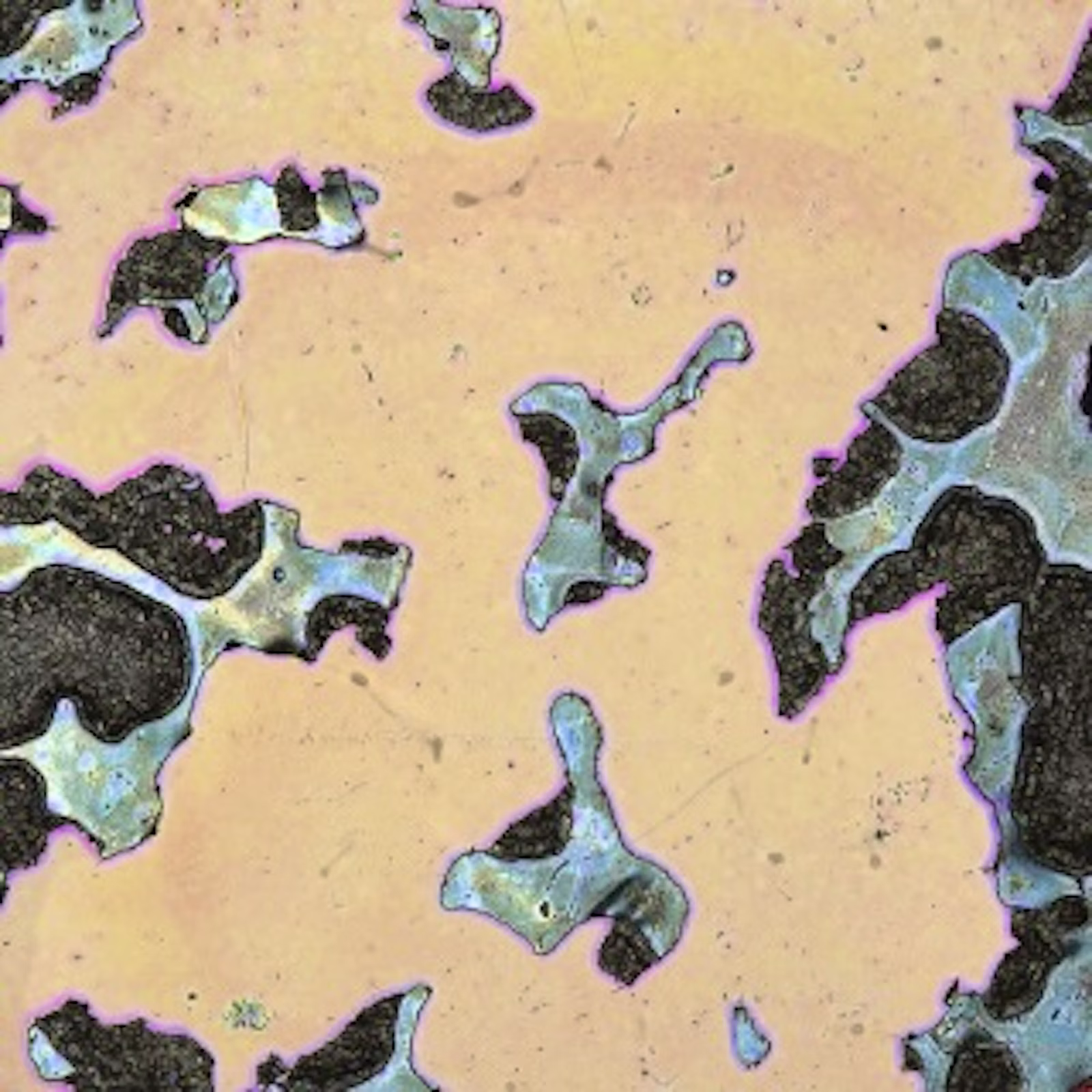 An abstract, textured surface featuring pale yellow and beige hues with irregular, jagged edges highlighted in vibrant purple, blue, and black.