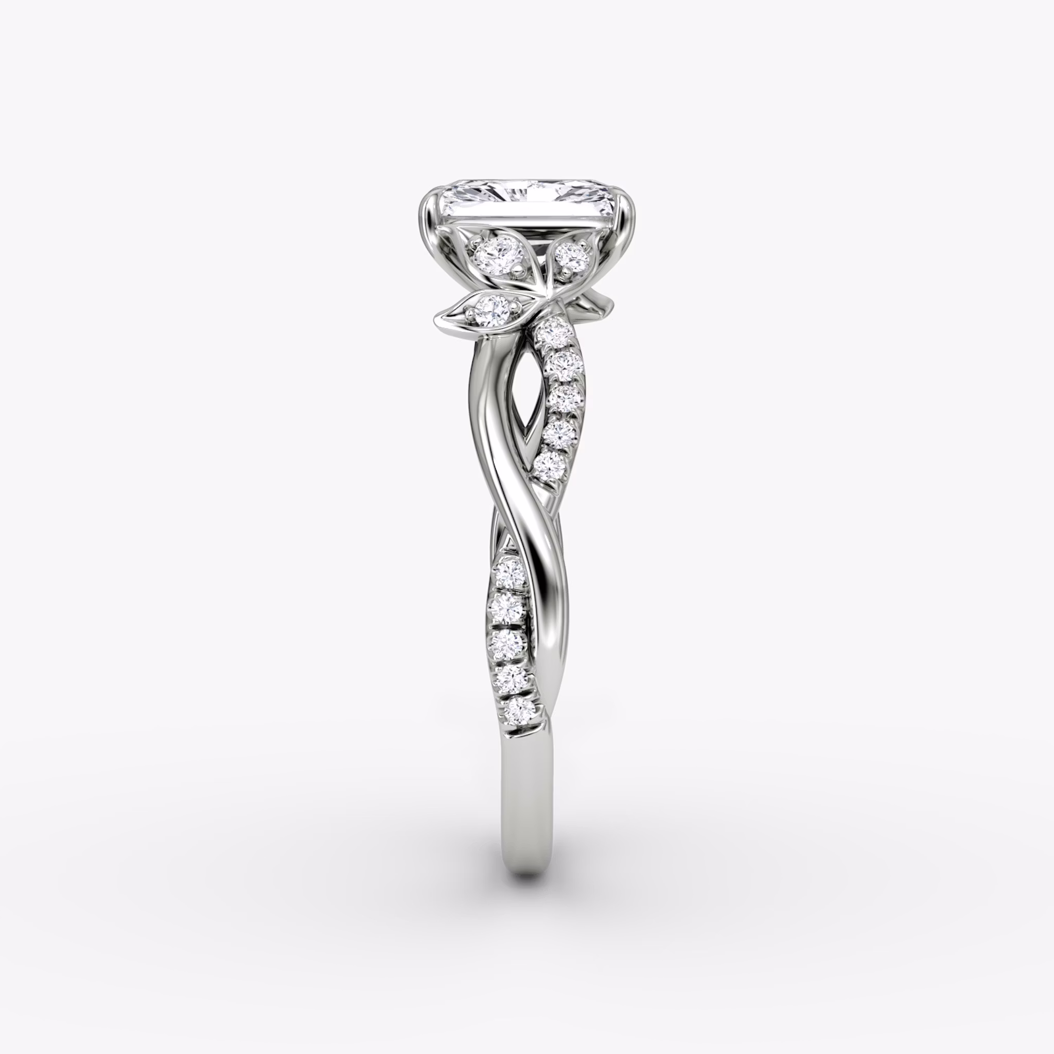 The Twisted Floral | Radiant | 18k | White Gold | bandAccent: Pavé | diamondOrientation: vertical | caratWeight: other