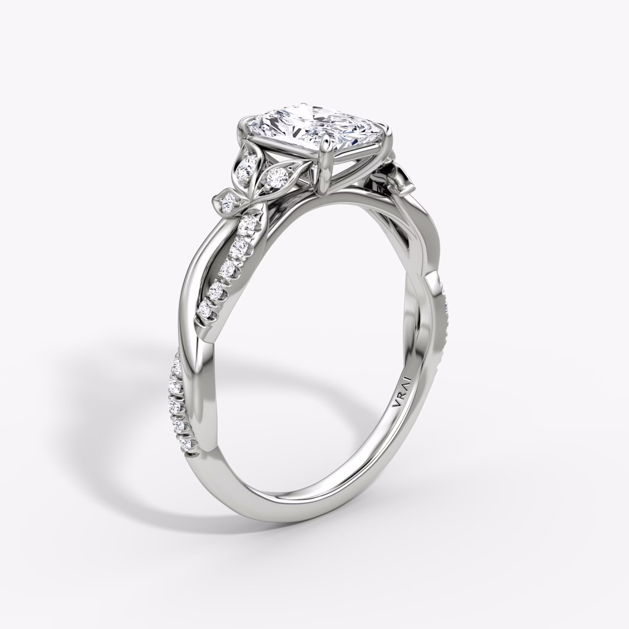 The Twisted Floral | Radiant | 18k | White Gold | bandAccent: Pavé | diamondOrientation: vertical | caratWeight: other